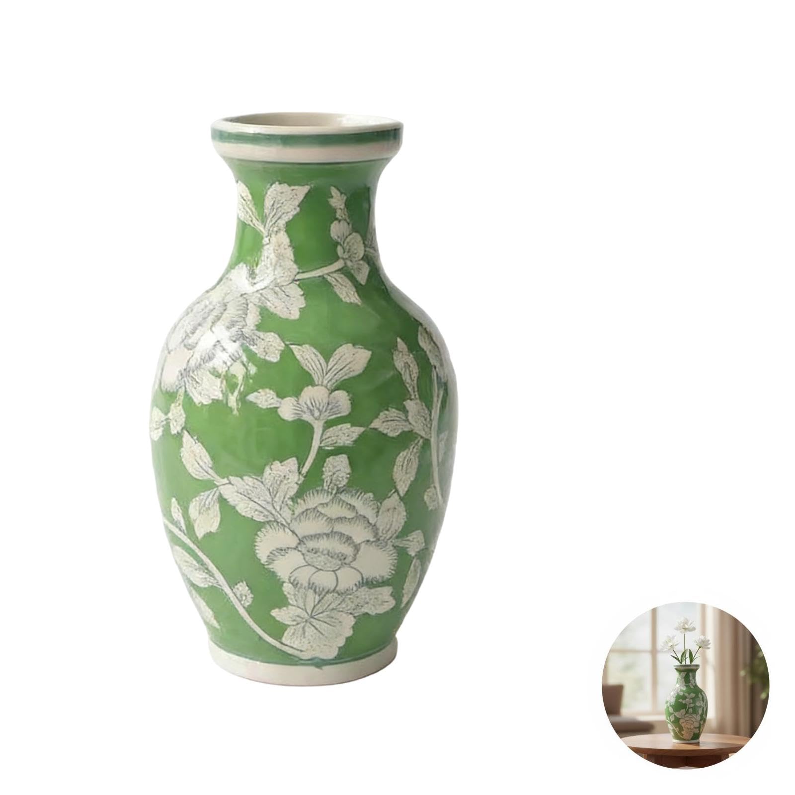 Jarrón Chinoiserie en verde y blanco, jarrón de cerámica de 8.7 pulgadas, porcelana pintada a mano, centro de mesa sofisticado, recipiente floral hidropónico, acento de decoración del hogar, opción de