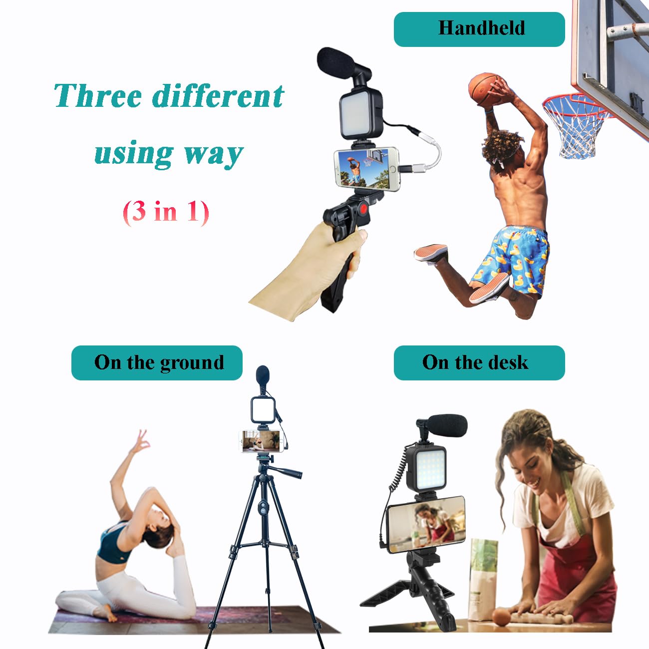 Kit di vlogging per iPhone, kit di vlogging per telefono Android, YouTube Starter Kit con due treppiedi luce microfono telecomando e adattatore jack