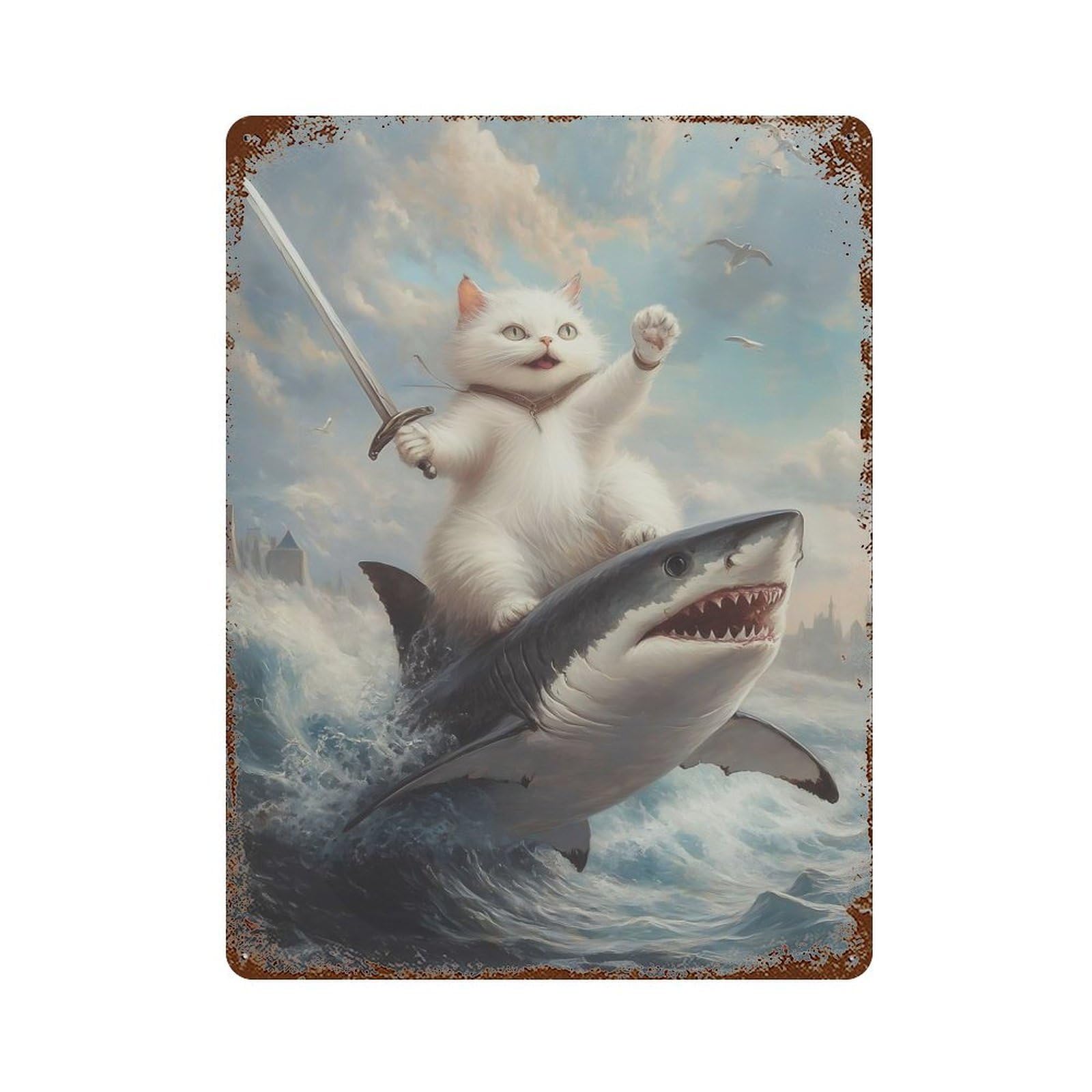 Cat Riding Shark Rustic Tin Plaque 15.7"x11.8", for Shed, Workshop And Garage Wall Decor, Farmhouse Wall Decor