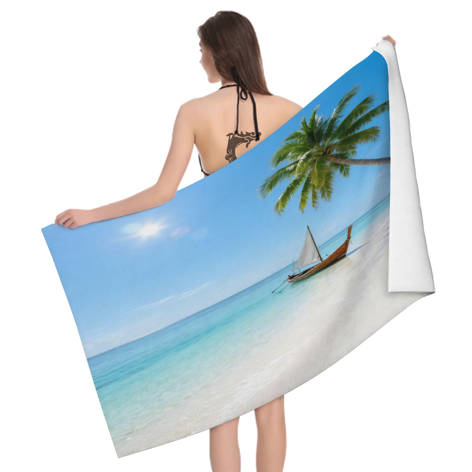 Leichong 3D Tropical Beach Beach Towel Microfiber Soft Quick Dry for Adults, White Beach Bath Towel Lightweight Soft Absorbent for Travel Swimming Pool Sports, 75 x 150 cm