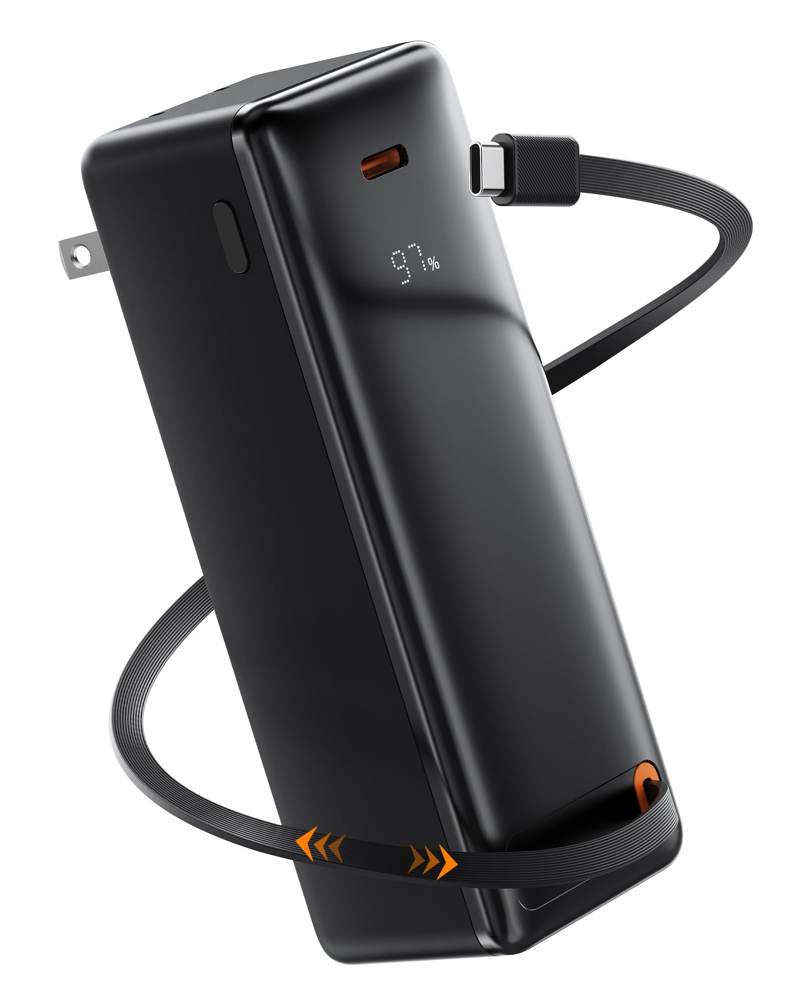 YKZ 3-in-1 Travel Charger for iPhone 16/15 | 10000mAh Power Bank with Foldable Wall Plug & Retractable USB-C Cable | 30W PD Fast Charging, LED Display, Airplane Safe | TSA-Approved for Business Trips