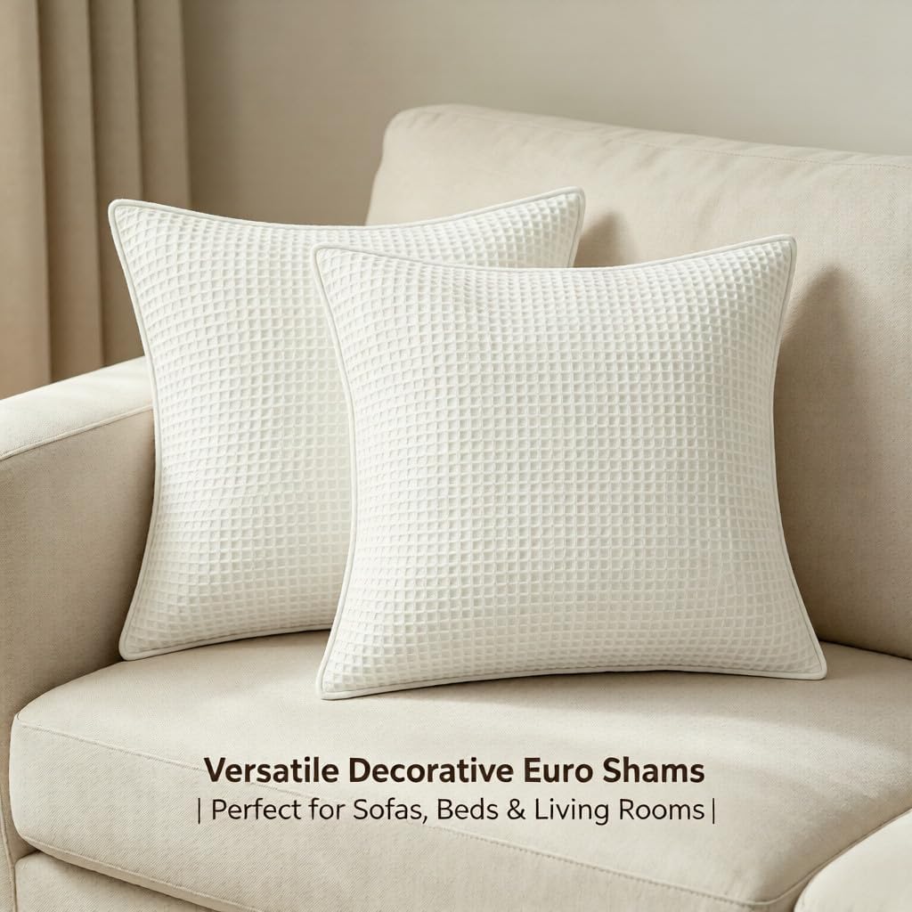 Simple&Opulence 100% Cotton Waffle Euro Sham Covers 2 Pack 26"x26" – Breathable Lightweight Decorative Pillow Cases for Bed, Sofa or Couch – Soft & Skin-Friendly Pillow Covers No Filling, White