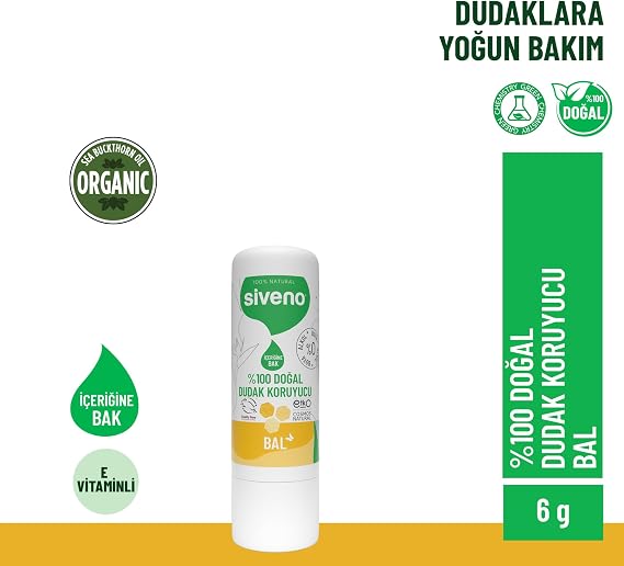 Siveno%100 Doğal Dudak Koruyucu Bal Bitkisel Lipbalm Dudak Kremi Nemlendirici Parlatıcı Onarıcı 6 G