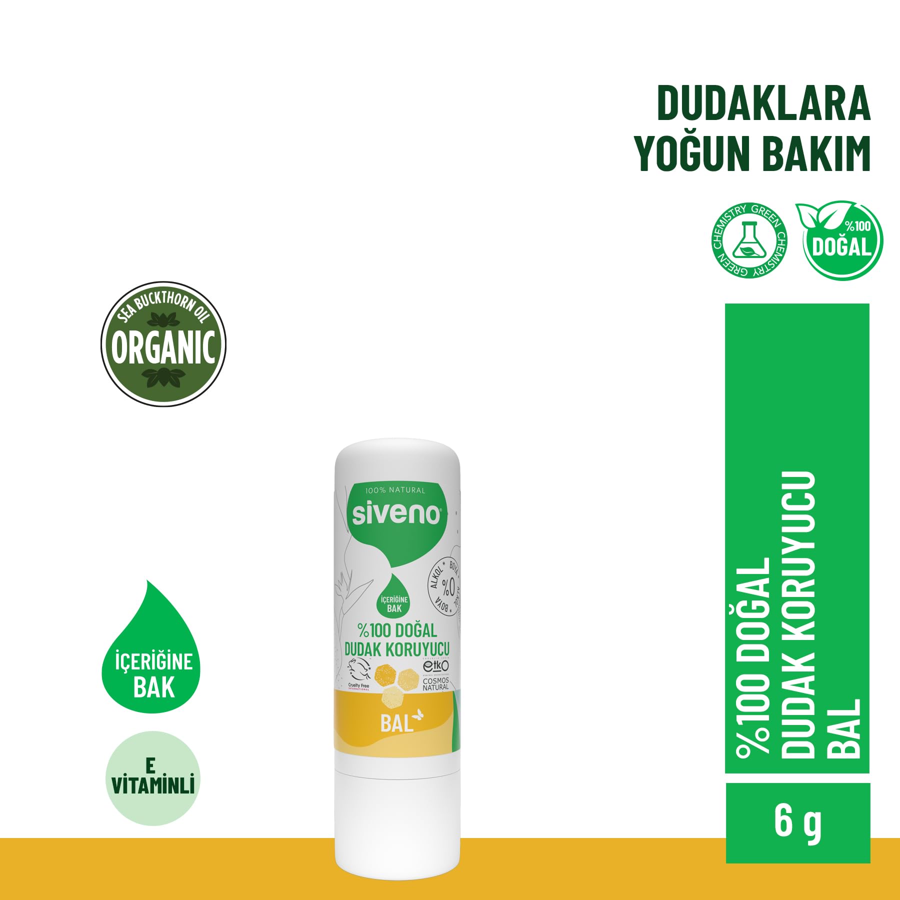 Siveno%100 Doğal Dudak Koruyucu Bal Bitkisel Lipbalm Dudak Kremi Nemlendirici Parlatıcı Onarıcı 6 G