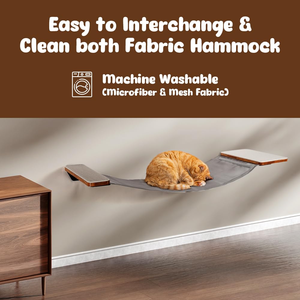 Hamaca de pared para gatos con diseño de doble tela, cama resistente para gatos grandes, puente para gatos y percha de pared para gatos con marco de metal y estante de madera para un descanso