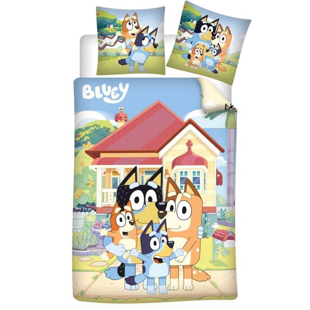 Bluey Flanelle Housse de Couette 140x200 + Taie 65x65 Enfant Coton | Parure de lit réversible Flanelle | Bluey Bingo Bandit & Chilli | Chaude & douce | 100% Coton Oeko-Tex | Licence officielle