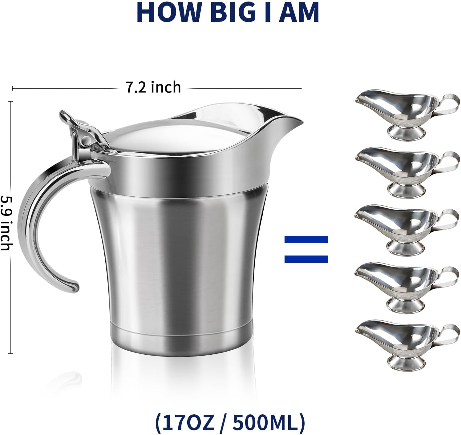 Stainless Steel Insulated Gravy Boat with Lid – 17oz Thermal Gravy Warmer & Sauce Server | Double Wall Gravy Boat with Non-Drip Spout with Hinged Cover for Thanksgiving & Christmas