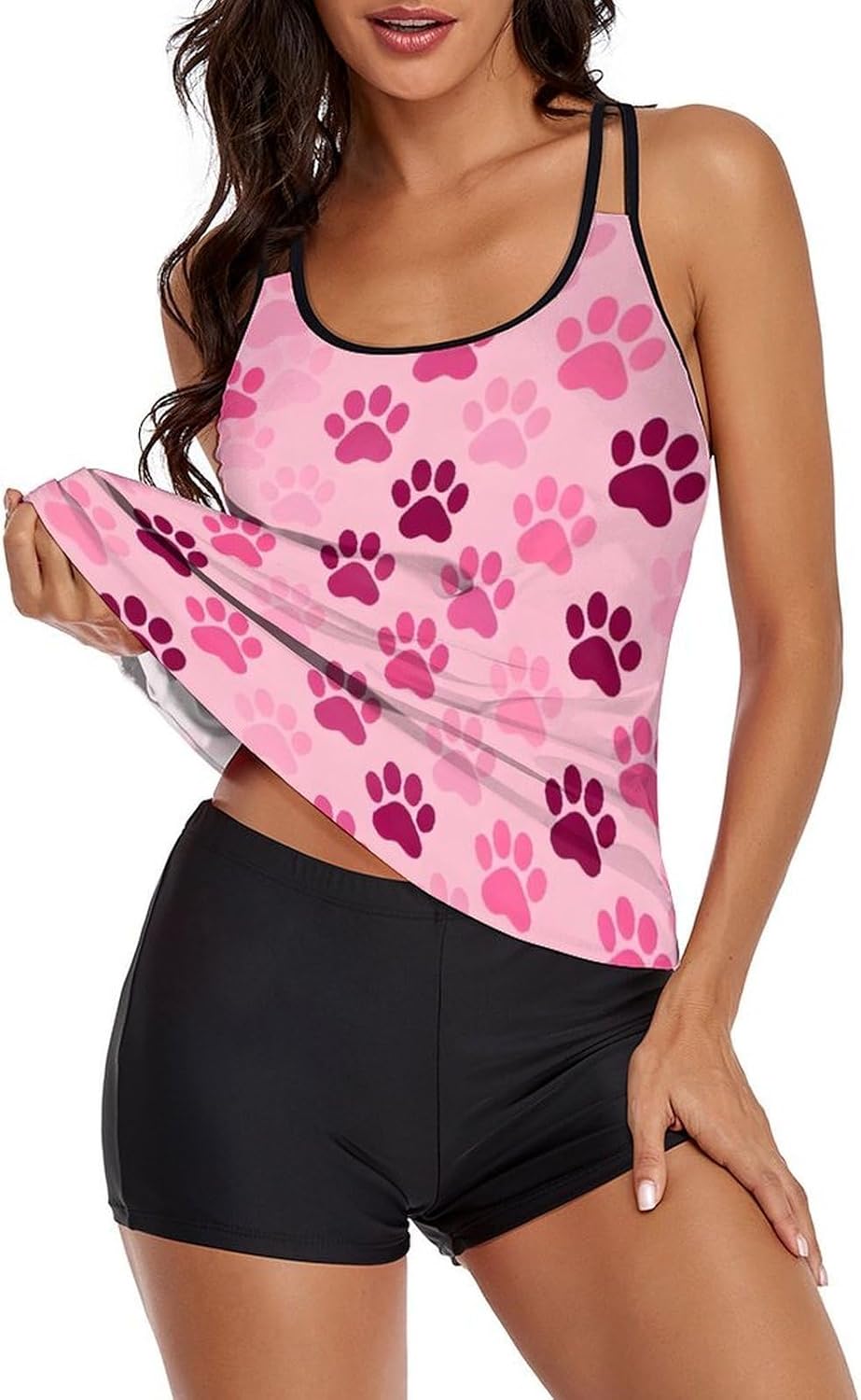 Women's Adjustable Strap Tankini Set, 2 Piece Tummy Control Swimsuit with Tank Top and Shorts