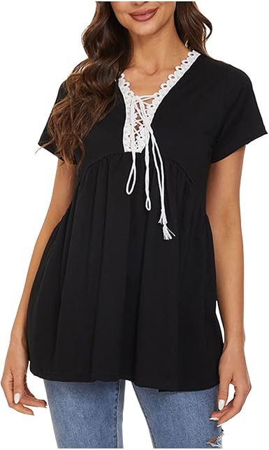 Amazon.com: Camisetas de verano para mujer de manga corta con cuello en V y  encaje, color liso, tallas grandes : Deportes y Actividades al Aire Libre