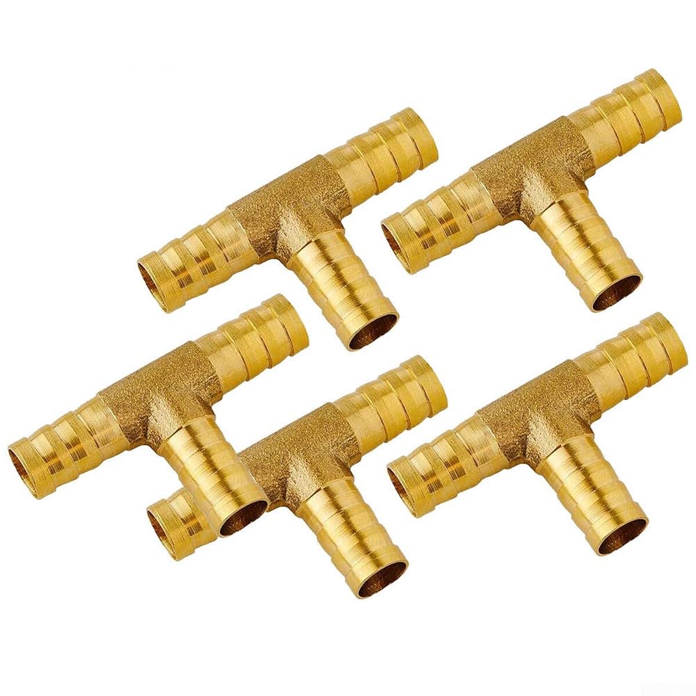 5PCS Fuel Hose Connector, Brass T Piece 3 Way Air Hose Joiner Fuel Pipe Fitting Barbed Splitter Connectors(10mm)