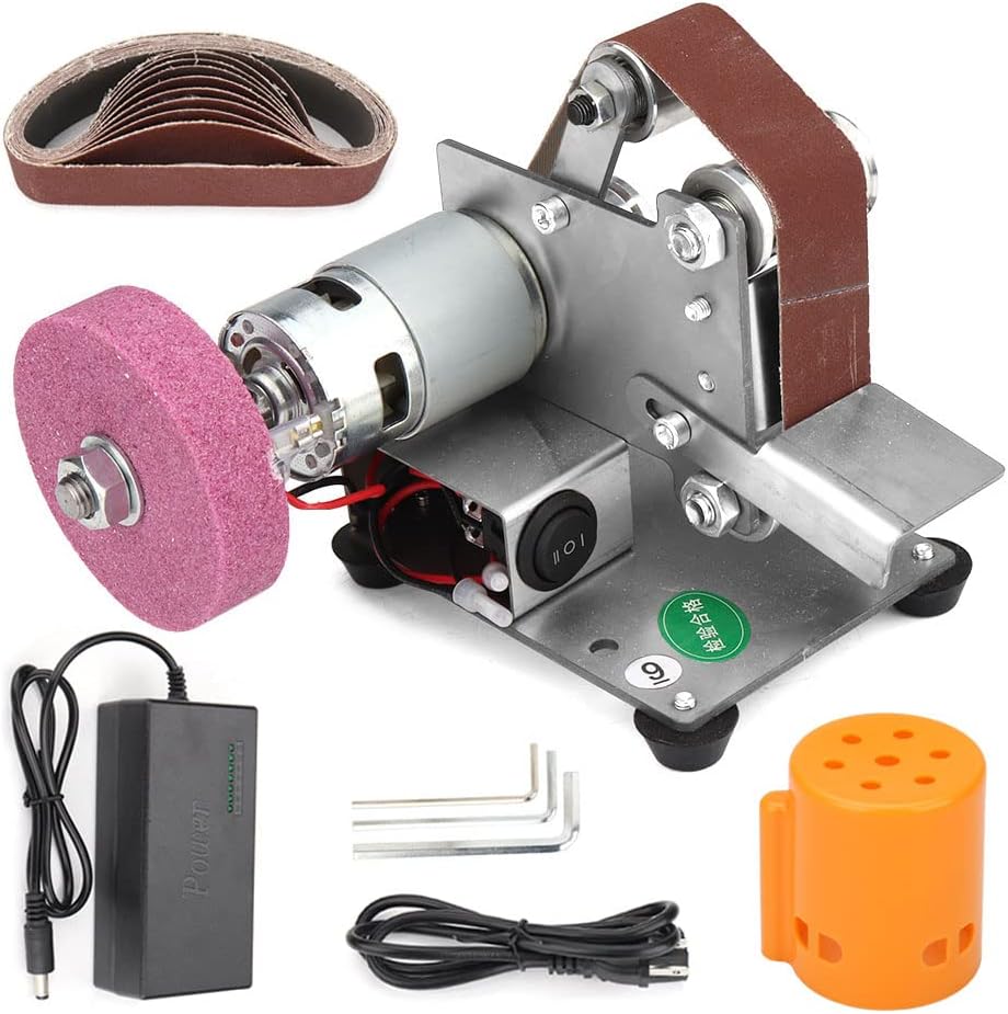 Electric Belt-Sander Polishing-Grinding Sharpener Adjustable - 13 x 1.2inch DIY Power Sanding Machine Cutter Edges Mini Bench Belt Grinder Kit, 7-Speed Multifunctional for Knife Making, Woodworking - - 