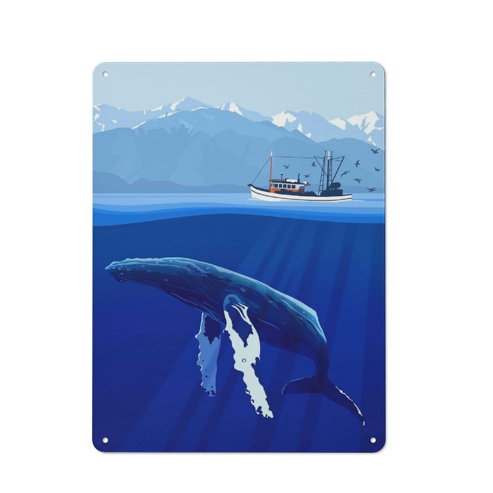 Whale And Fishing Boat Illustration Retro Tin Sign 40x30cm for Guest Room Or Hallway, for Kitchen, Dining Room And Home Bar Wall Decor