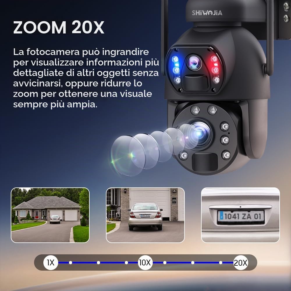 SHIWOJIA Telecamera Esterna Senza Fili Solare [Registrazione 24/7], Telecamera di Sorveglianza Solare con Pannello Solare 20W Batteria 20,000mAh, Doppio Obiettivo, Doppio PIR