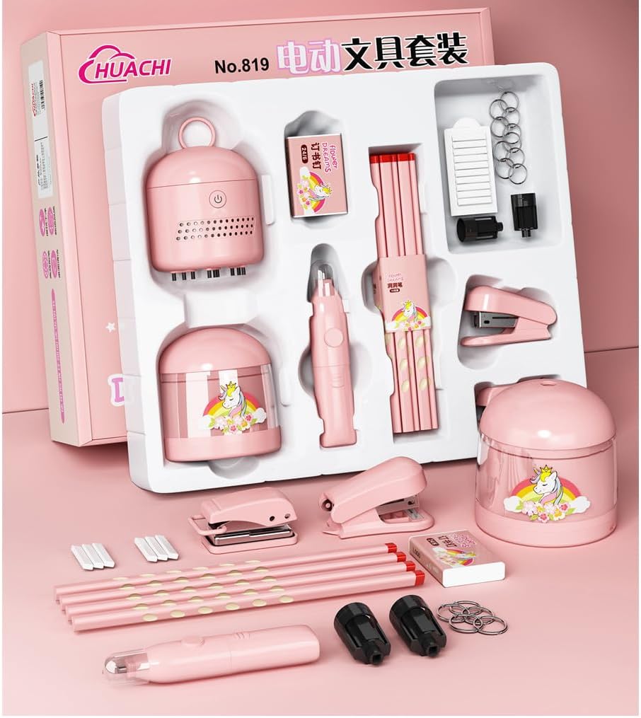 Electric Pencil Sharpener & Vacuum Eraser - Desktop Stationery Gift Box Set with Replacement Blade & Eraser Refills (10 PCS) - Pink Unicorn