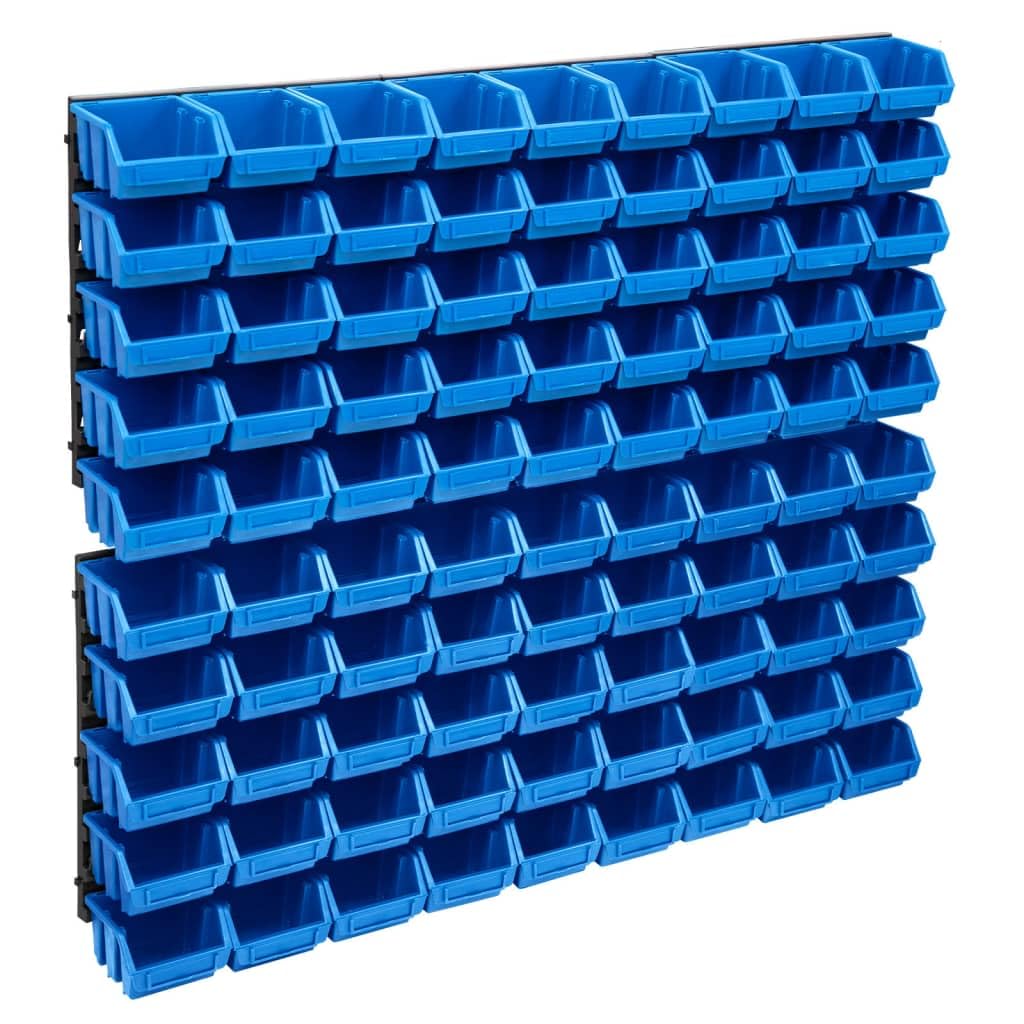 Juego de 96 piezas de almacenamiento para piezas pequeñas con paneles de pared azul y negro, sistema de plástico resistente para taller, garaje, sala de hobby, incluye 90 cajas y 6 paneles de