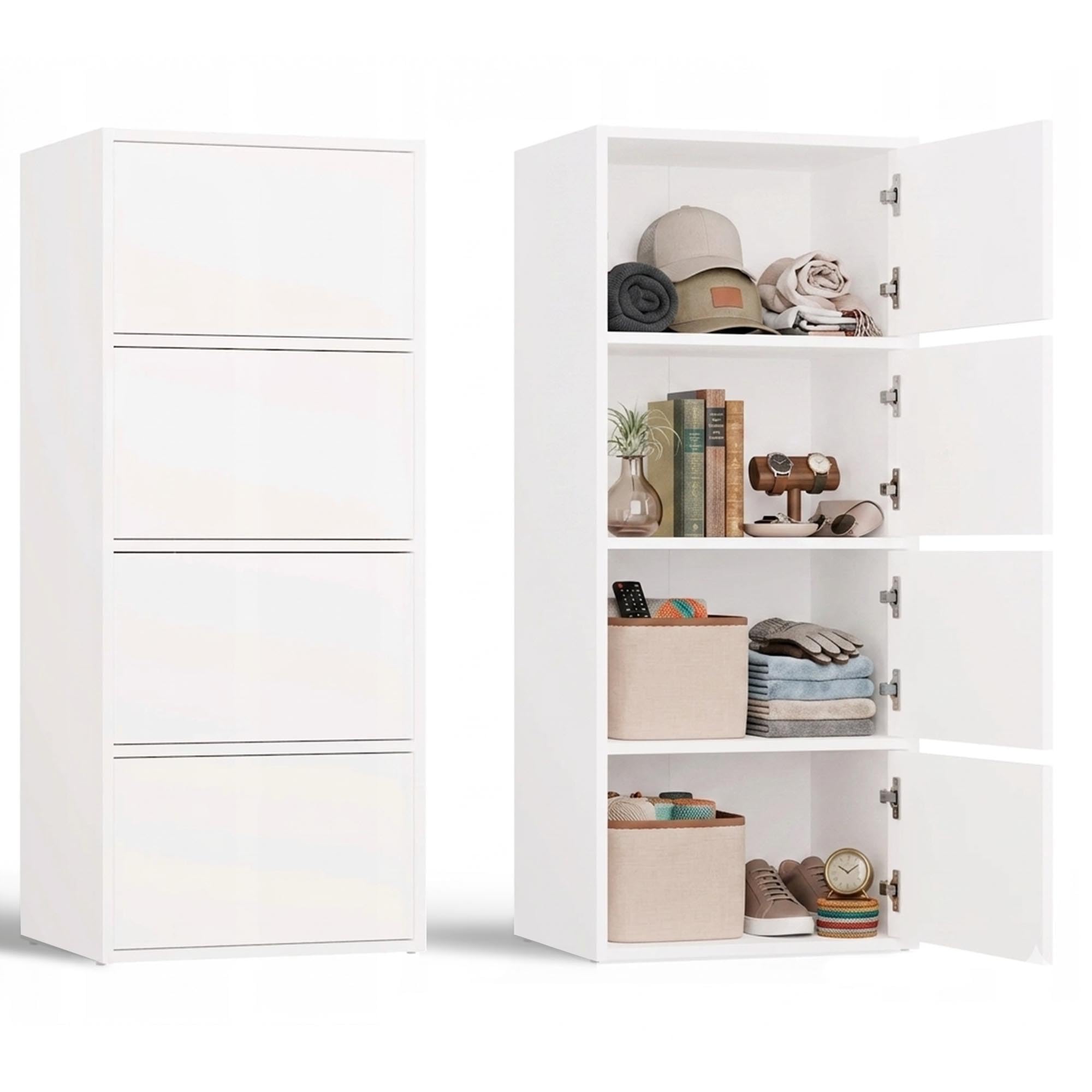 CDF Armoire De Rangement Haute 50cm 4 Portes 4 Étagères Salon Bureau Entrée Chambre Couloir Meuble Buffet Commode Placard Dressing Vestiaire Casier Cabinet Fin Push-to-Open sans Poignée Moderne Blanc