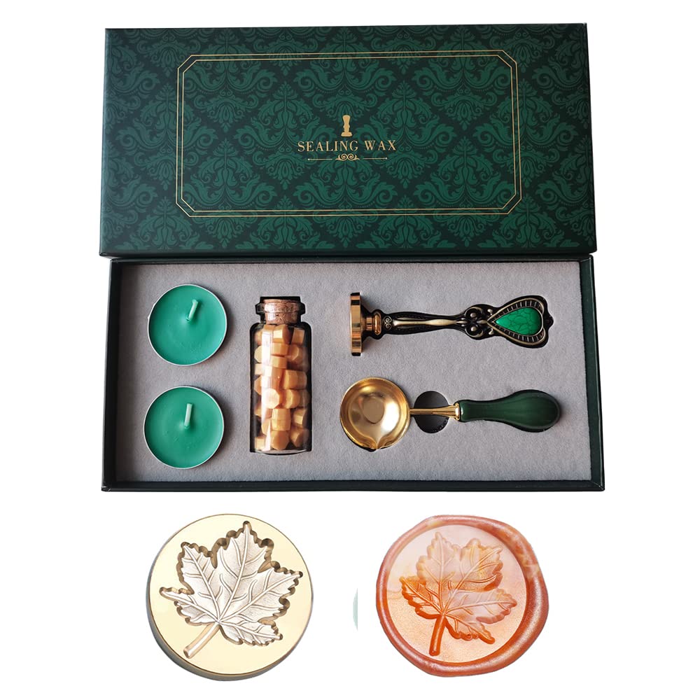 PORXFLY Juego de sellos de cera, juego de sellos vintage personalizados europeos, juego de regalo para invitaciones de boda, sobres de tarjetas, envoltorio de regalo (hoja de arce)