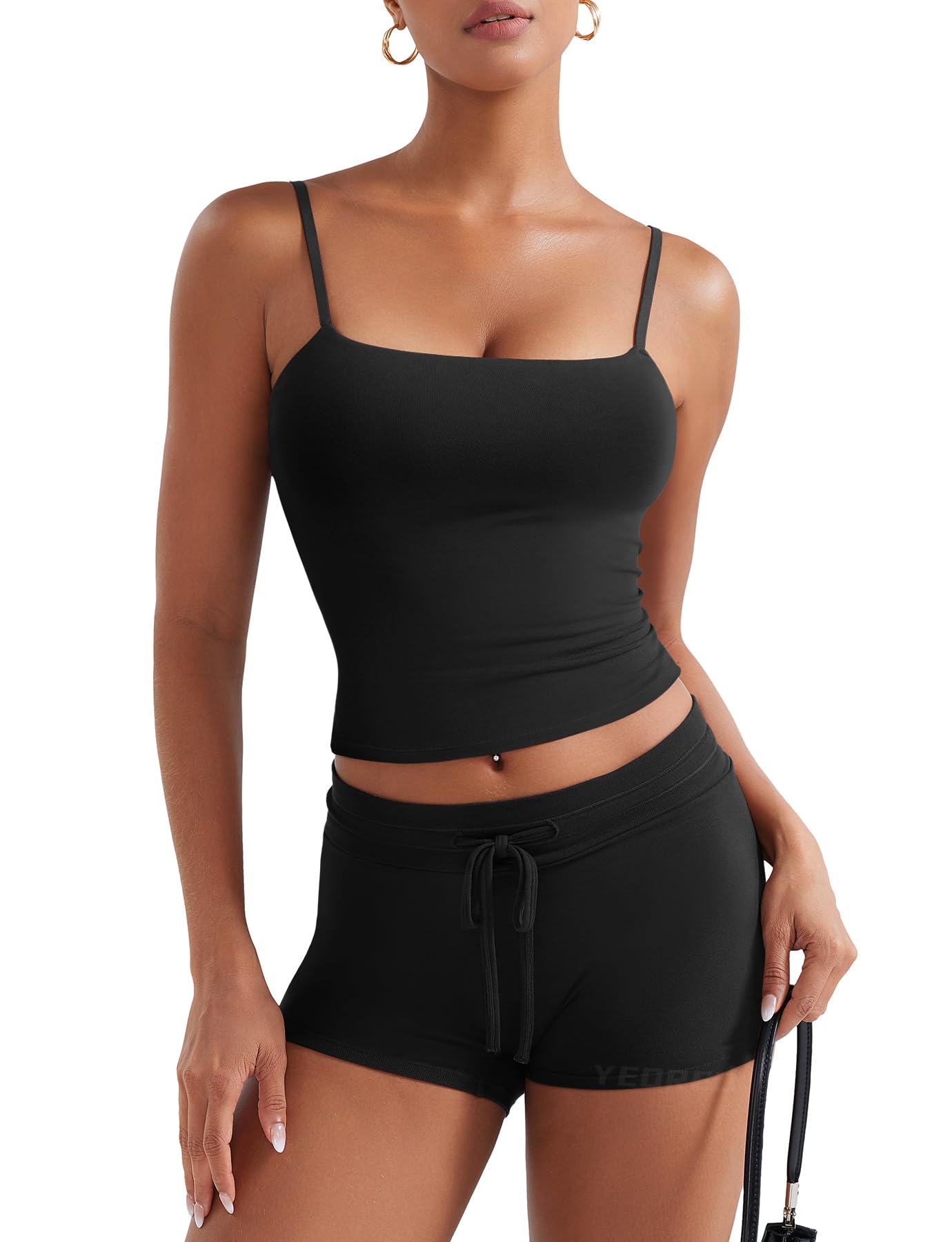 YEOREO Womens 2 Piece Lounge Sets Tank Tops Cami Shorts Matching Sets Summer Outfits Elastic Waist Built-in Bra