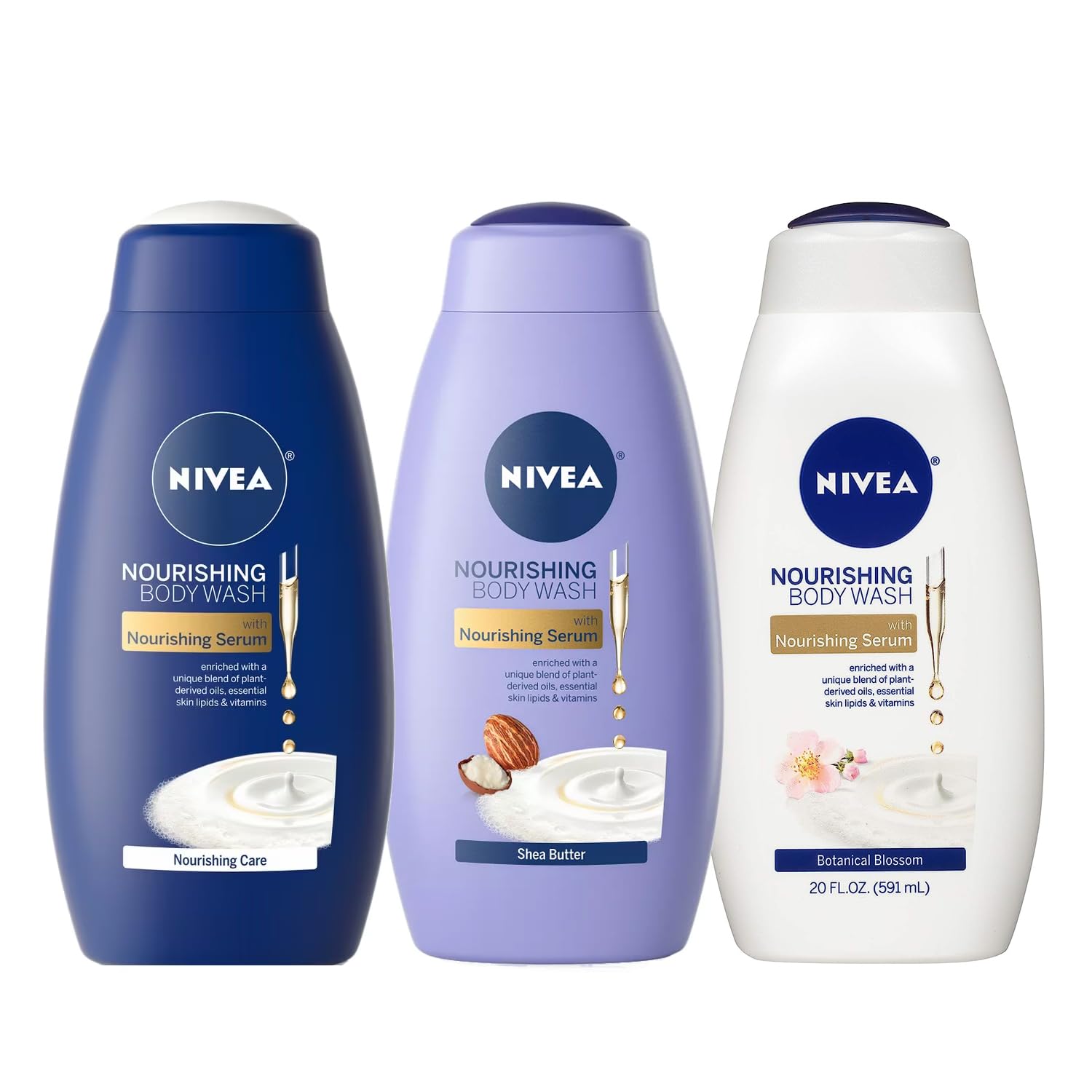 NIVEA Nourishing Body Wash: Shea Butter, Botanical Blossom, Nourishing Care (Variety Combo Pack, 60oz Total)
