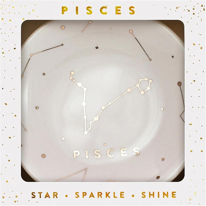 Lucky Feather Zodiac Ring Dish for Women – Glazed Ceramic Jewelry Tray with Astrological Constellation Depicted in Opulent Metallic Gold - Pisces