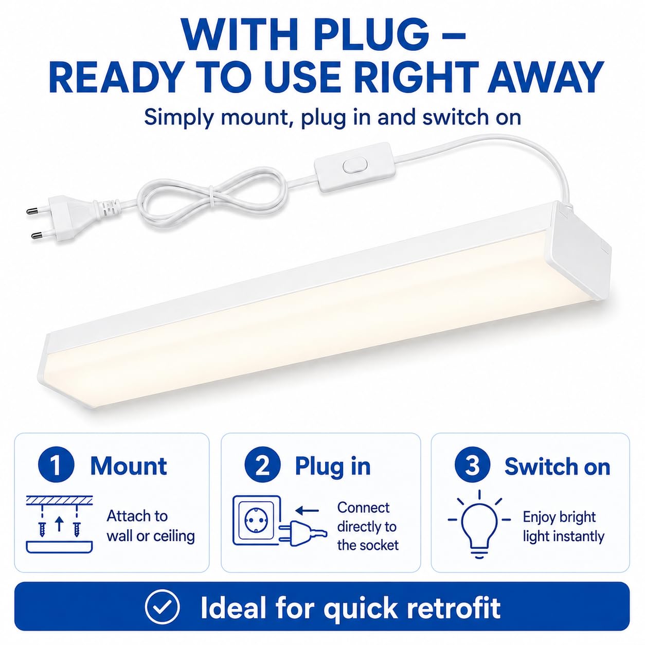 BrightFly Lampada a LED per ambienti umidi, 30 W, striscia luminosa a LED da 1,2 m, 4 pezzi, luce bianca fredda super luminosa, 6500 K, con spina europea, ideale per garage, cantina, officina