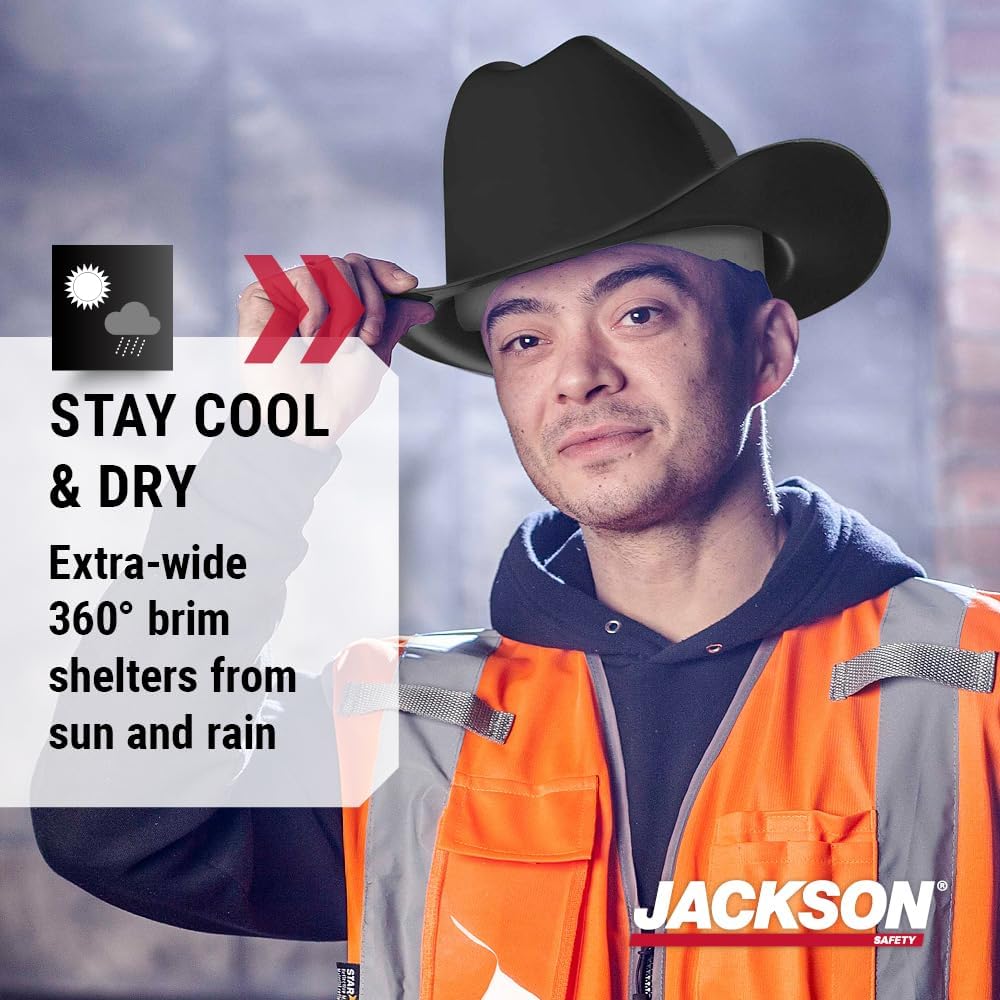 Jackson Safety Cowboy Hard Hat - Non-Vented, Full Brim, 4-Point Ratchet Suspension Safety Helmet for Men & Women - ANSI Z89.1 Class E & OSHA Compliant - Made in USA