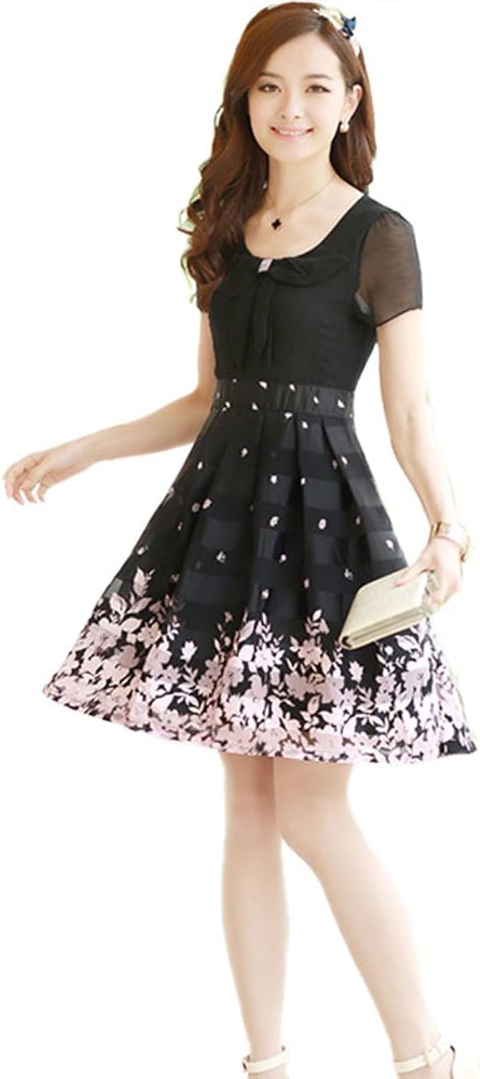 Amazon Co Jp Pure Heart 総 レース セクシー ブラック 花 韓国 夏 かわいい ワンピース パーティ ドレス カシュクール ミニ ひざ丈 フォーマル フレア 半袖 レディースふんわりフラワーお嬢様系ワンピース M 服 ファッション小物