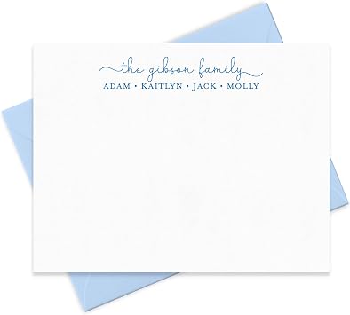 Personalized Note Card & Envelope Stationery for Family, Personalized Stationary with Family Name and Individual Names - Choose your Ink and Envelope Colors and Set Size, Flat A2 Notecards Style #2
