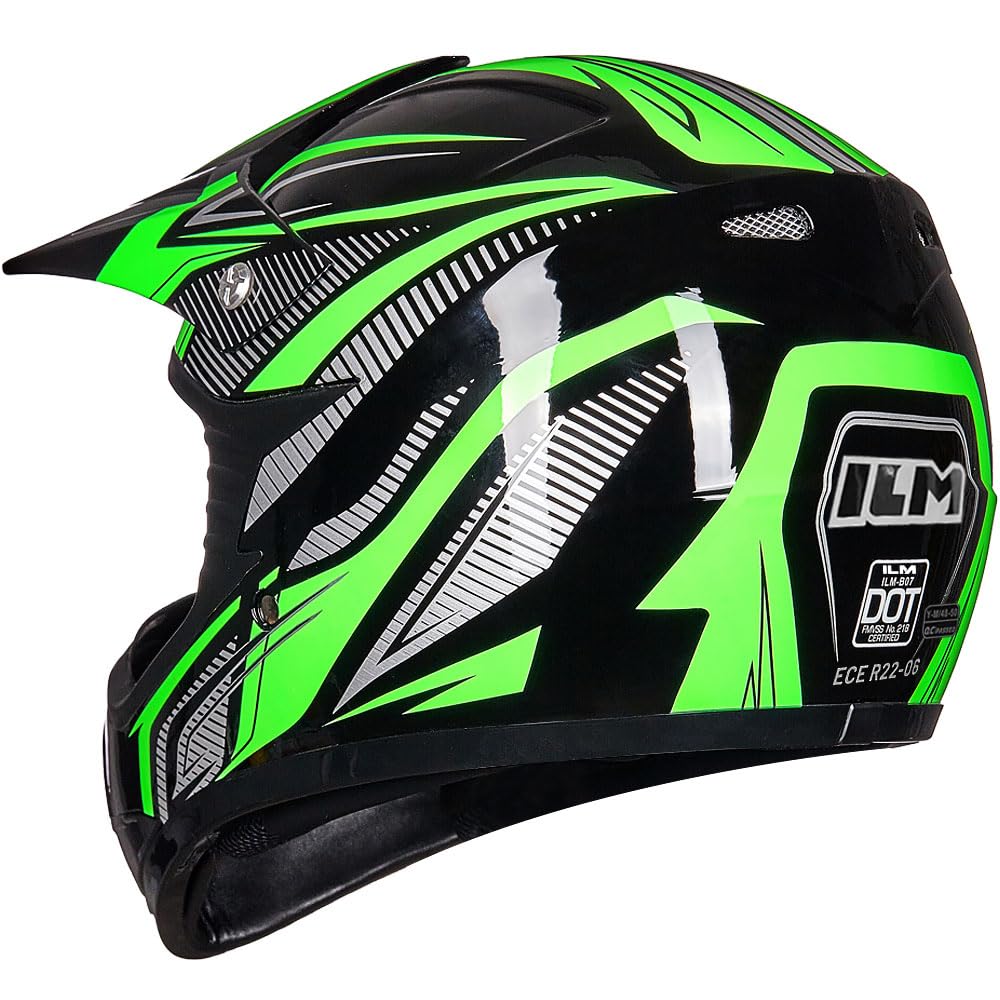 ILM Dziecięcy kask motocyklowy Cross Dirt Bike dla chłopców i dziewcząt, uniseks, homologacja ECE22.06 Full Face Off Road ATV Enduro MTB z rękawicami Gogle Model B07, czarny zielony, XL