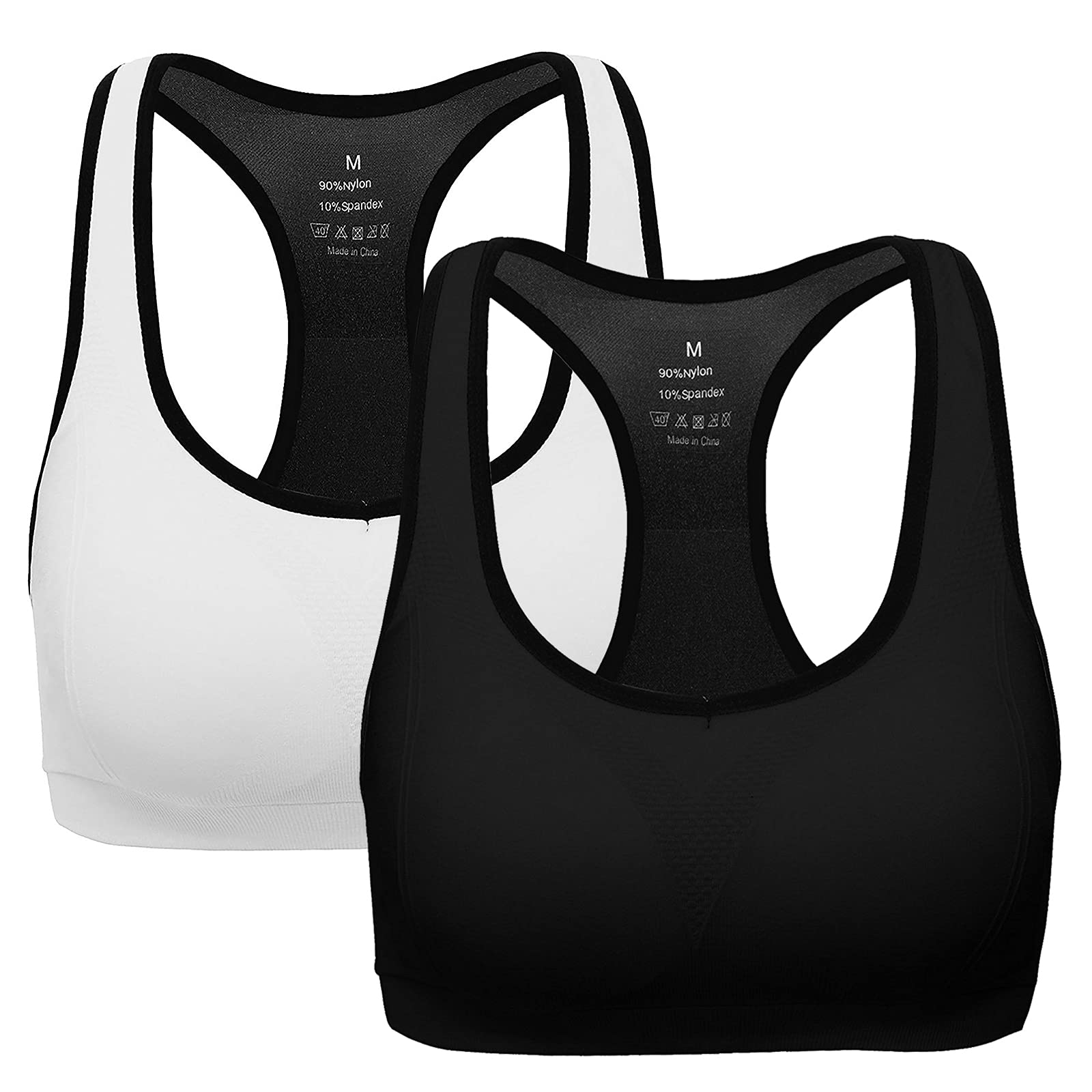 Angool Women's Black+White Sports Bra Padded High Impact Racerback Comfy Yoga Workout Bra, M Fit 32Dd 32E 34D 34Dd 36Bc 38Bc,