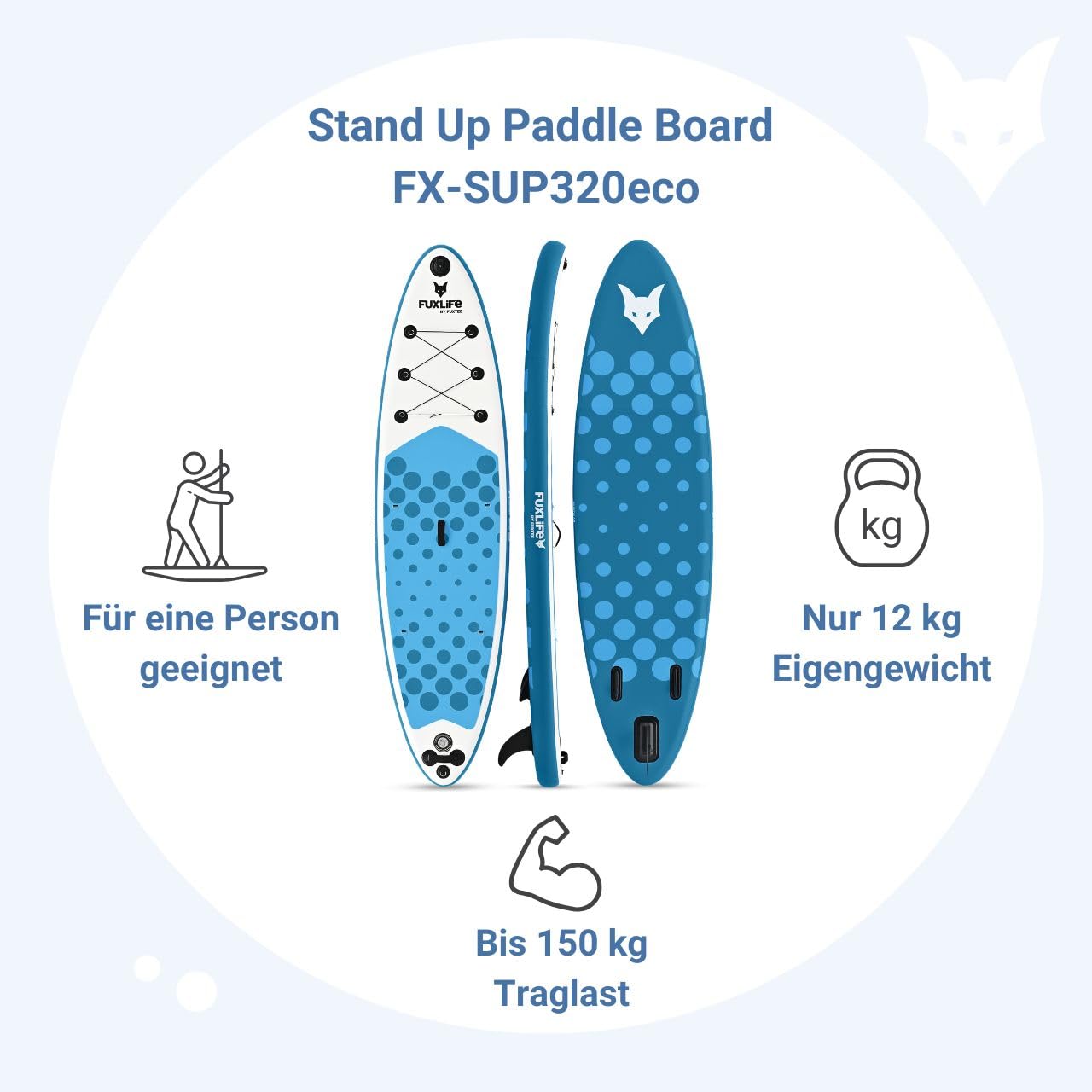 Fuxtec Aufblasbares SUP Board ECO Set – Stand Up Paddle Board 320 x 81 x 15 cm mit 3 Finnen – Touring-Board belastbar bis 150kg – inkl. Packsack