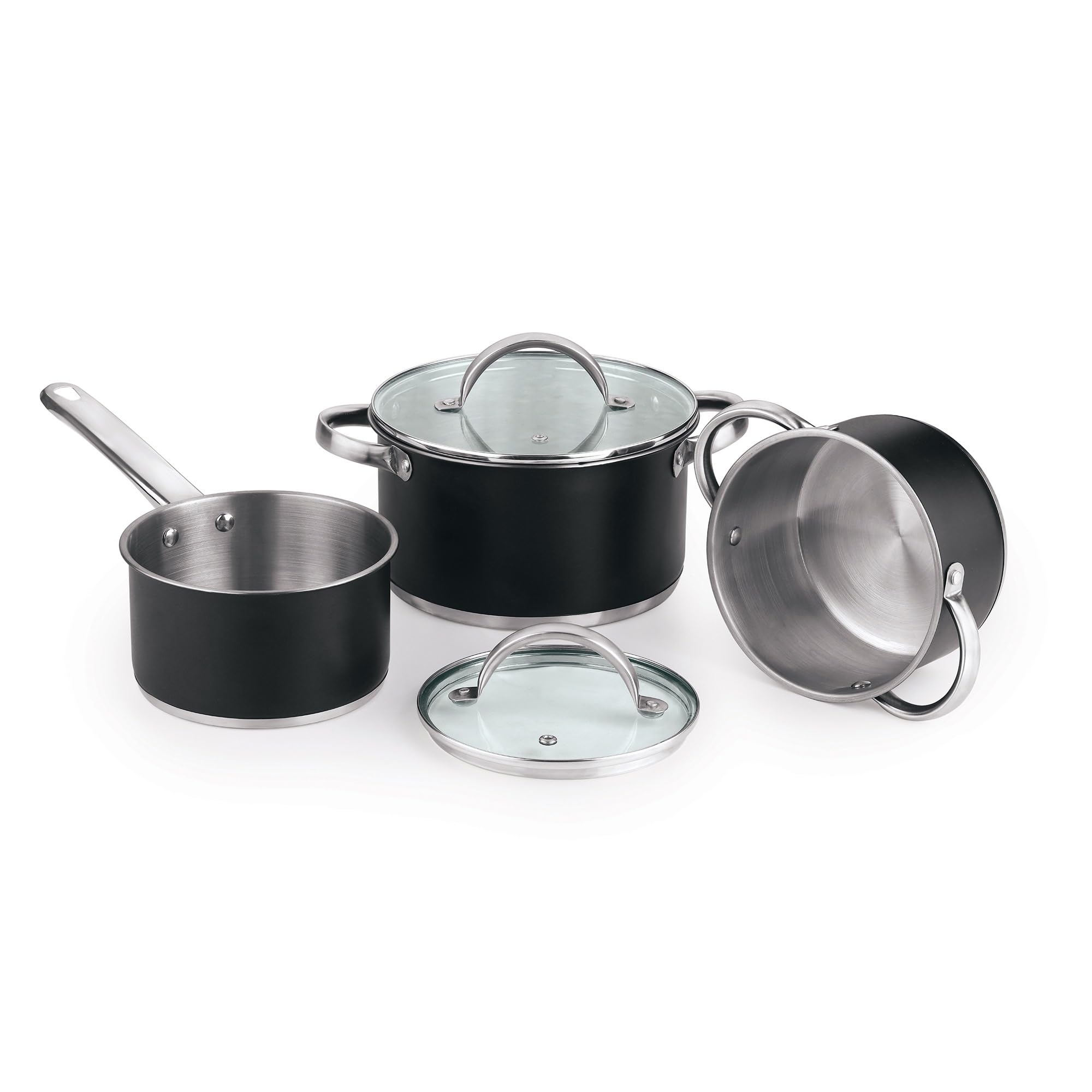 5-teiliges Kochgeschirr-Set (2 Töpfe mit Deckel + Kasserolle) Stahl mit Beschichtung + Bergner NATURALLY 3-teiliges Küchenhelfer-Set aus Silikon und Holz