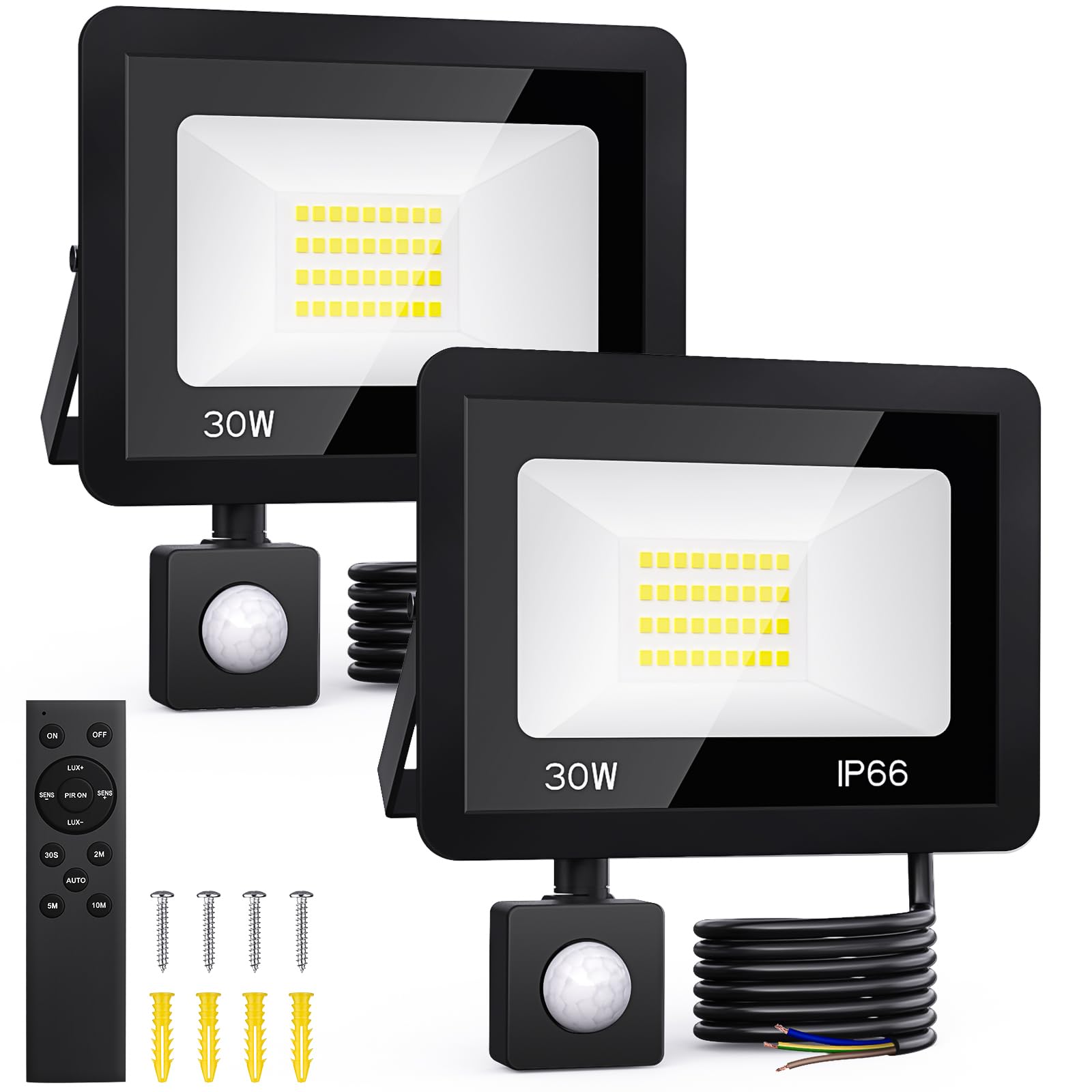 30W LED Strahler mit Bewegungsmelder Außen - 2 Stück Außenlampe mit Fernbedienung, 6500K Kaltweiß Superhell Innen Aussen Lampe, IP66 Wasserdicht Aussenlampe für Garten Garage Hof Wohnen Hinterhof