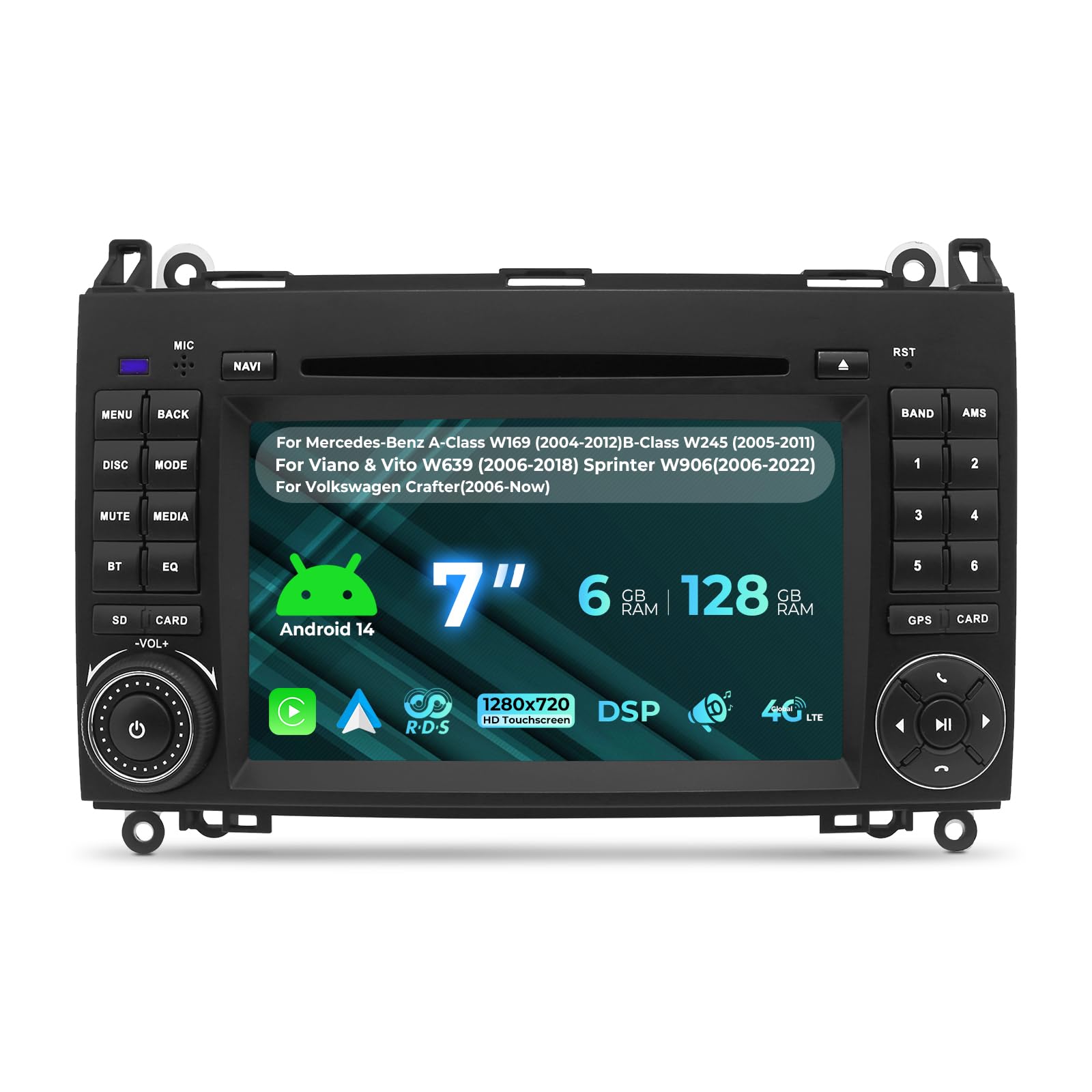 Android 14 Car Radio para Mercedes - Benz Clase A W169/ Clase B W245/ Viano&Vito W639/ Sprinter W906 con Octa Core 6GB+128GB Incorporado 4G LTE Car play Android Auto DAB SWC Bluetooth GPS Navi