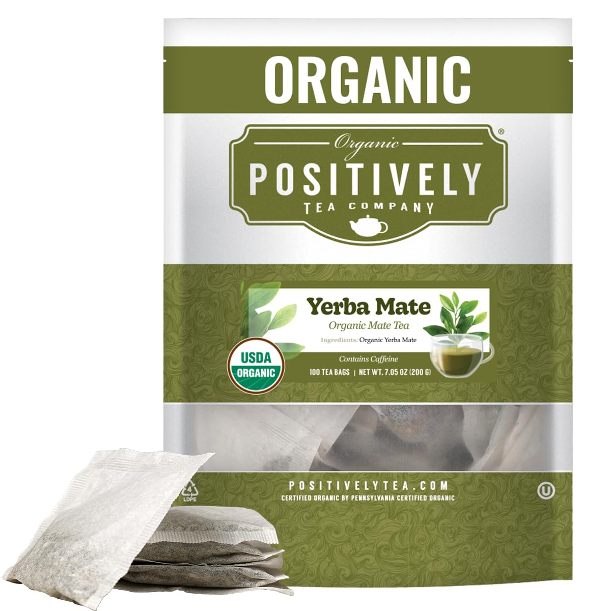 Organic Positively Tea Company, Yerba Mate Tea Bags (Unsmoked), 100 Count, Eco-Friendly Tea Bags, Non-GMO