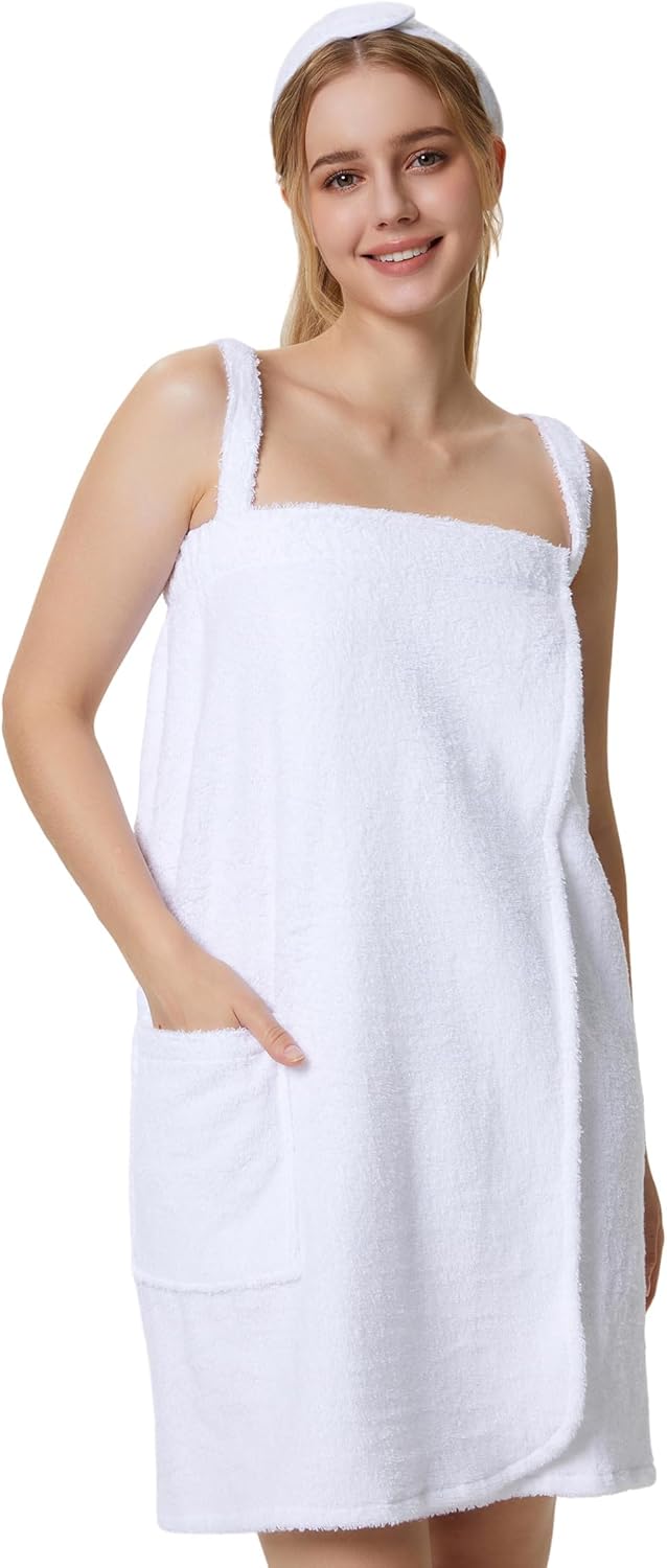 SIORO Womens Bath Towel Wrap Terry Cloth Spa Towel Robe with Straps Facial Headband Adjustable Closure Shower Towel S-XL
