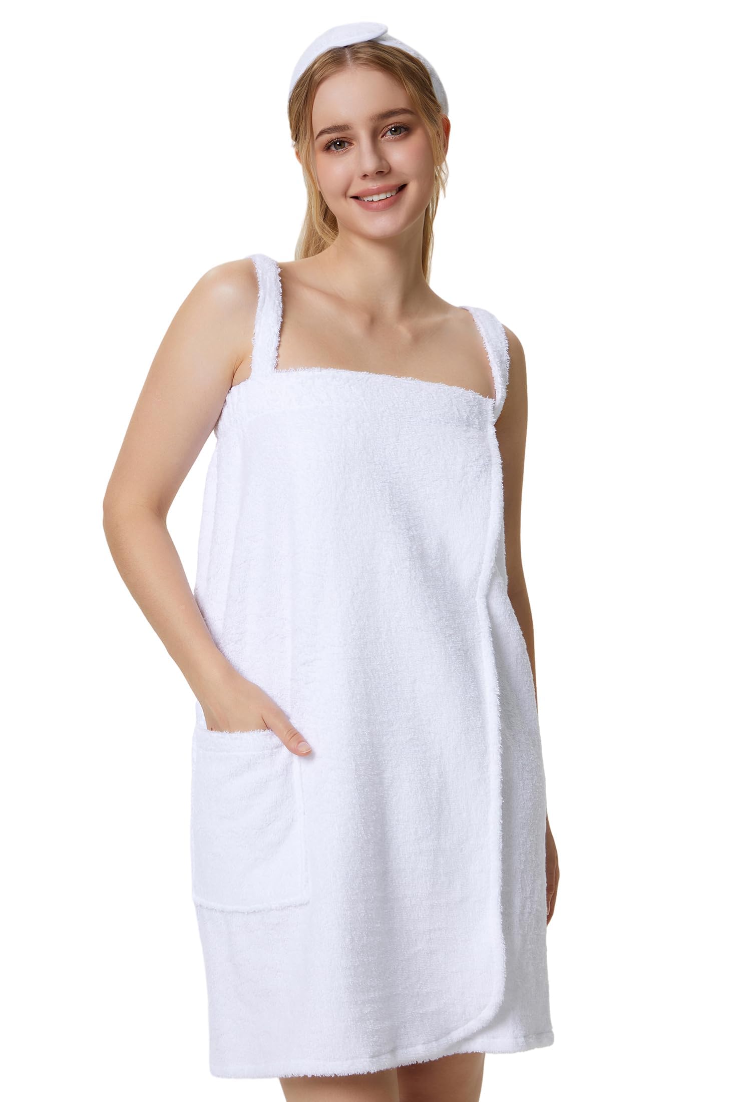 SIORO Womens Bath Towel Wrap Terry Cloth Spa Towel Robe with Straps Facial Headband Adjustable Closure Shower Towel S-XL