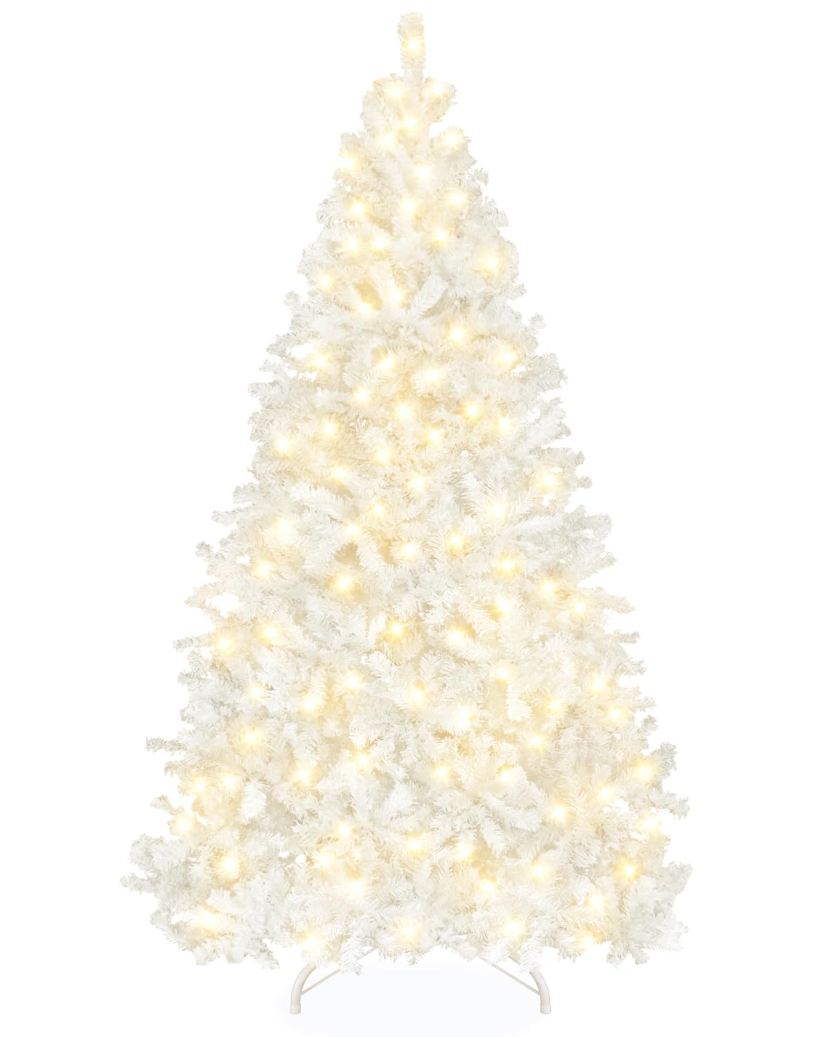 7.5ft White Artificial Christmas Tree with 350 LED Lights Spruce Hinged Tree with 1100 Branch Tips Lighted Holiday Decoration with Timer&8 Mode for Home Office Party, Metal Stand, Easy Assembly