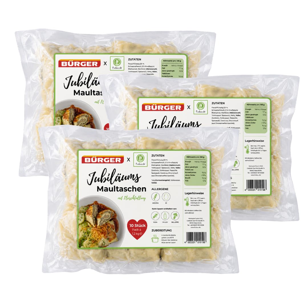 BÜRGER x Fuduu.de - Jubiläums-Maultaschen mit Fleischfüllung, 1,2 kg Beutel, traditionelle schwäbische Maultaschen, Manufaktur-Maultaschen (3 x 1,2kg)