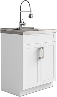 Hennessy All-in-One 28 inch Wide Utility Sink and Laundry Cabinet in Pure White Finish, Transitional Stainless Steel Sink Cabinet for Laundry Rooms with High-Arch Chrome Faucet and Storage