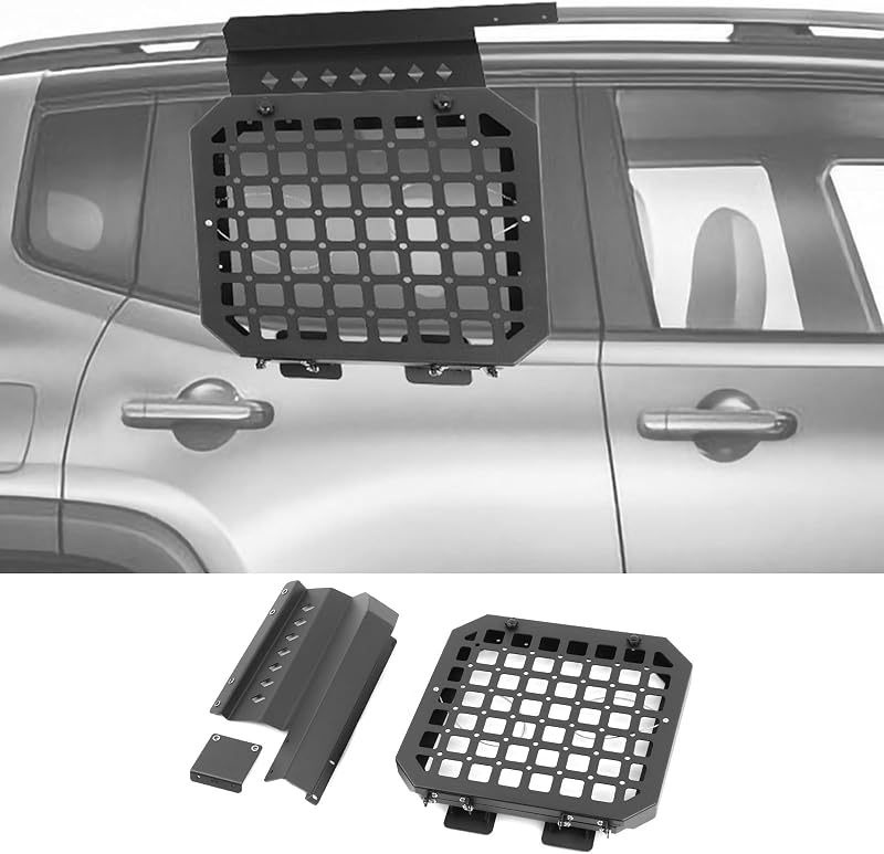 JeCar Aluminum Rear Window Storage Rack for 2016-2024 Jeep Renegade, Exterior Side Window MOLLE Panel Armor, Foldable Utility Shelf, Roof Rack Mounted Storage Holder for Overland Camping Accessories