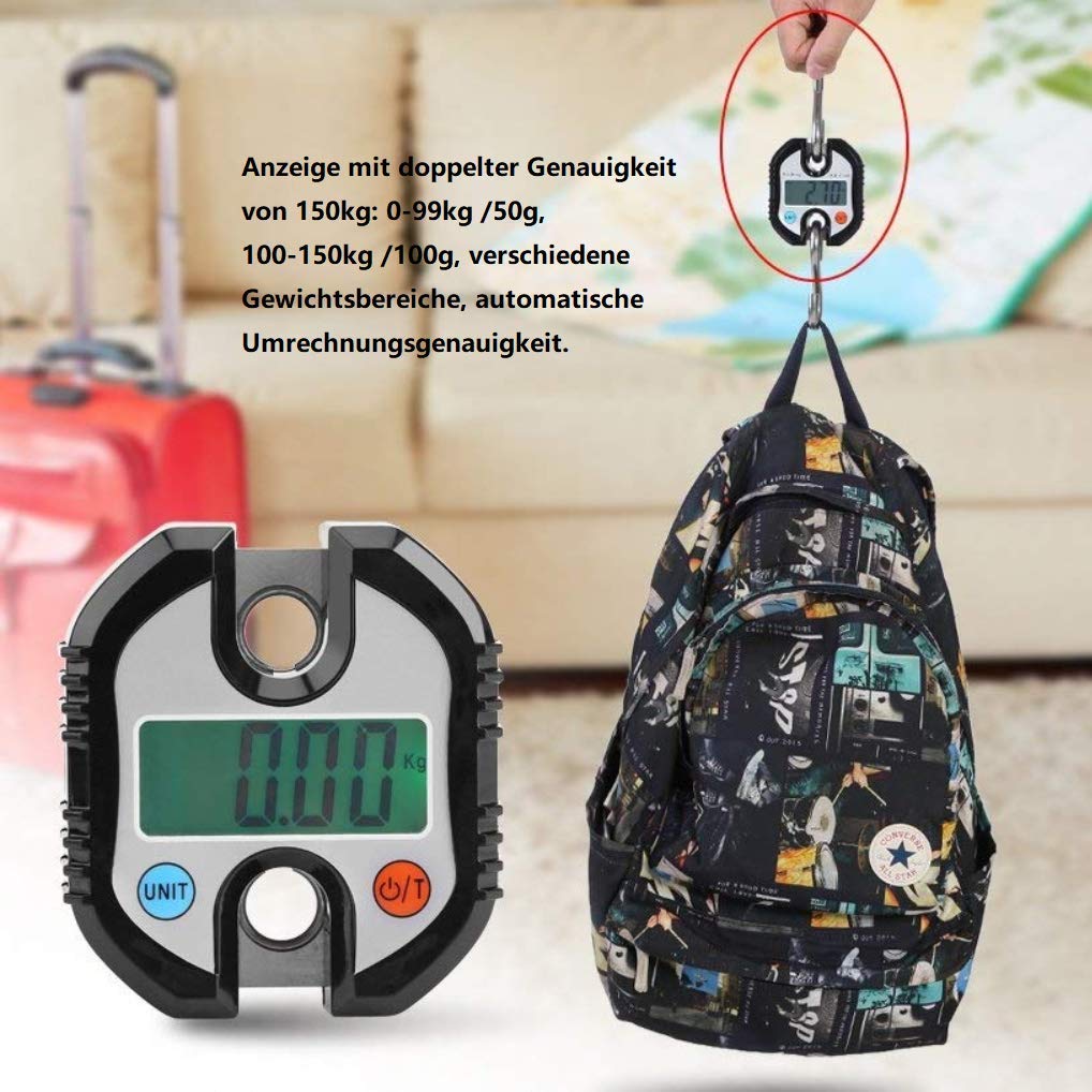 Rhorawill Digital Kranwaagen Gepäckwaage Kofferwaage Hakenwaage Küchenwaagen Tragbare Hängewaage Industriewaage 150kg mit LCD Anzeige für Reisen Koffer, Fischerei, Jagd im Freien(Schwarz)
