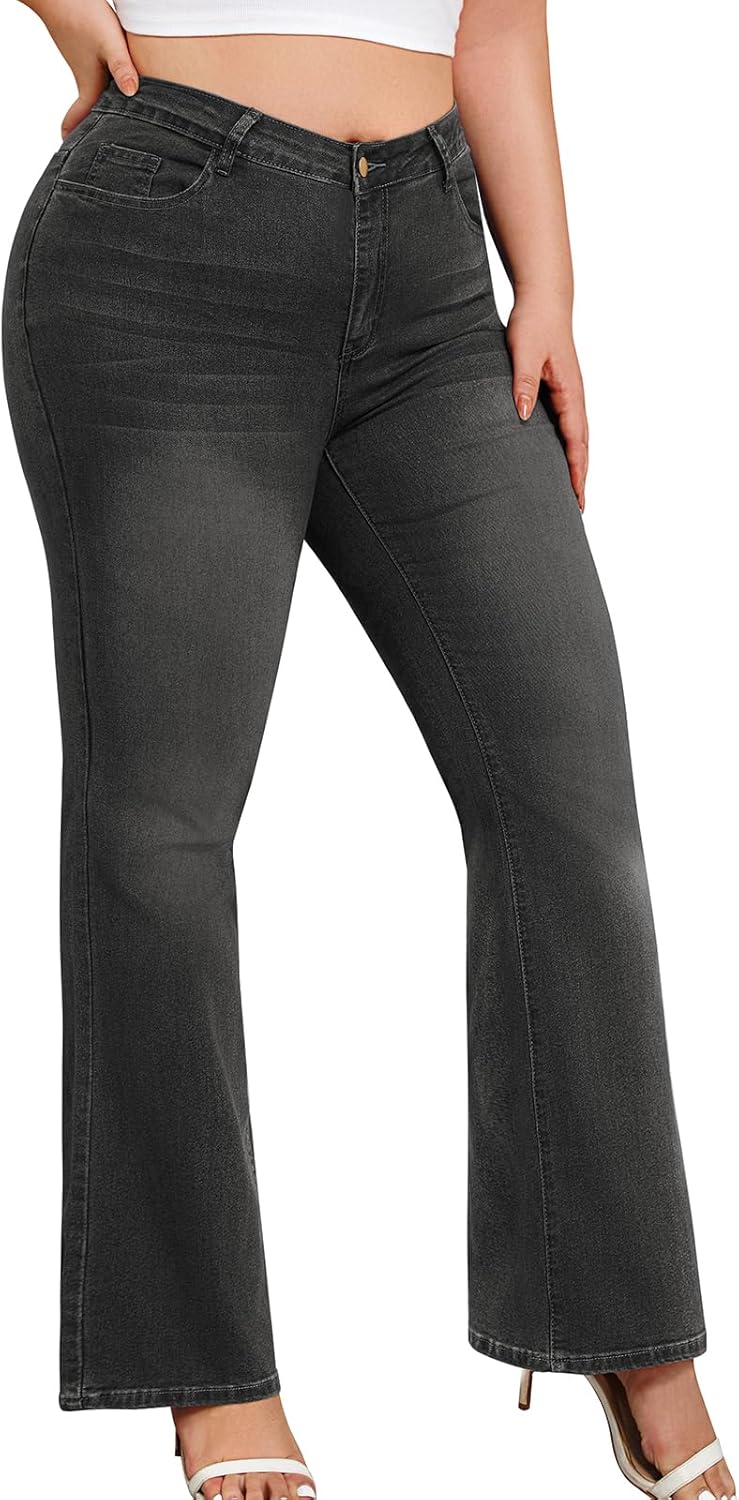 Arolina Plus Size Jeans for Women Fall Trendy High Waisted Flared Bell Bottom Bootcut Tummy Control Plus Denim Jeans - Image 3