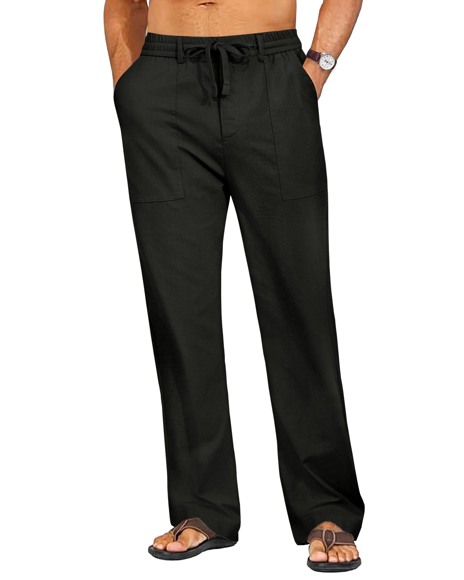 Mens Linen Pants Casual Elastic Waist Drawstring Pants Loose Straight Linen Pant Beach Trousers with 4 Pockets