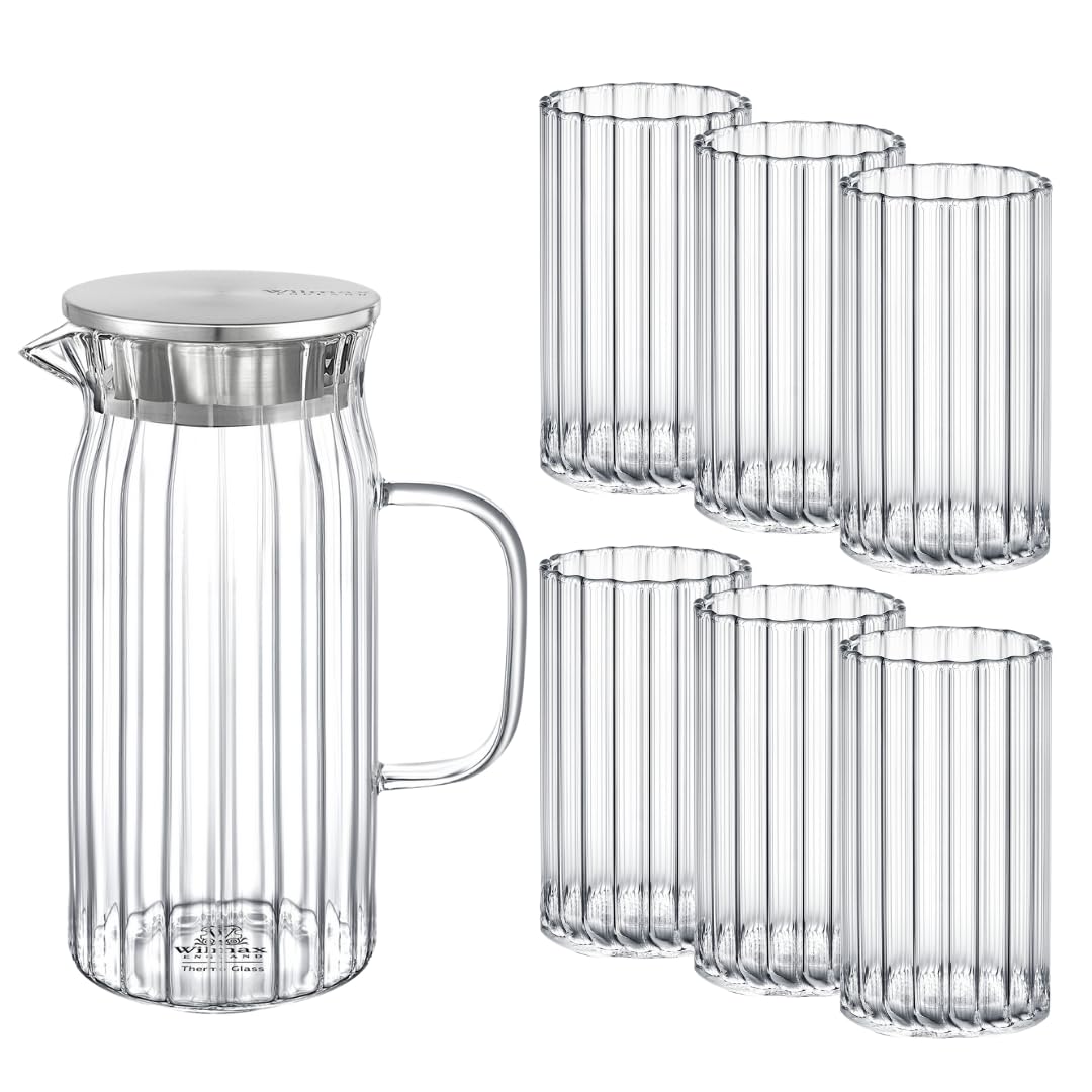 Wilmax - Caraffa in vetro da 1 l con 6 bicchieri da 250 ml in un set - Coperchio in acciaio inossidabile - Caraffa in vetro striato - Brocca per succhi, acqua, tè freddo, latte