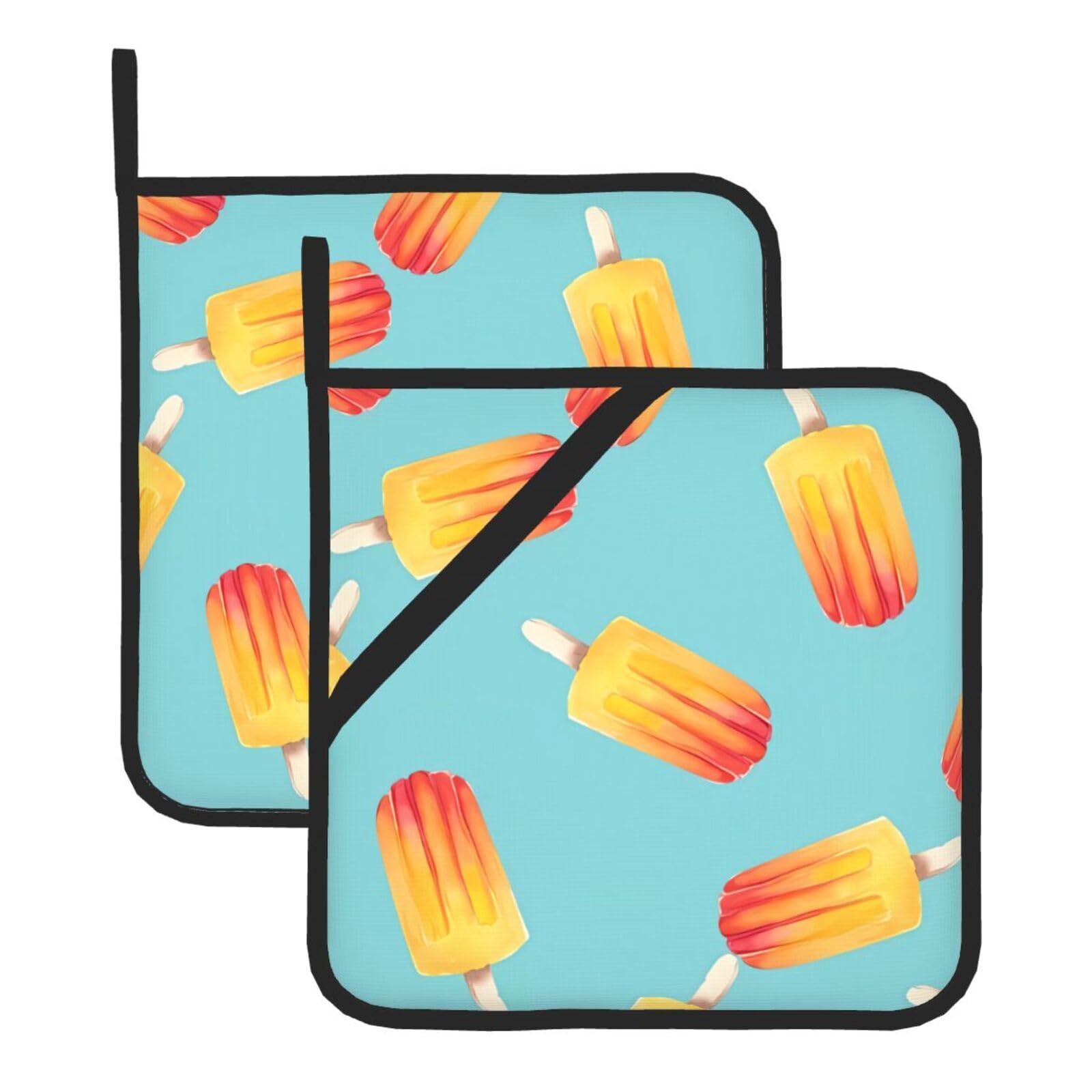 YYHWHJDE Popsicles Prints Square Hot Pads for Kitchen Counter - Waterproof Pot Holders with Hanging Loop, Durable Trivets for Microwave Oven - 2 Pack