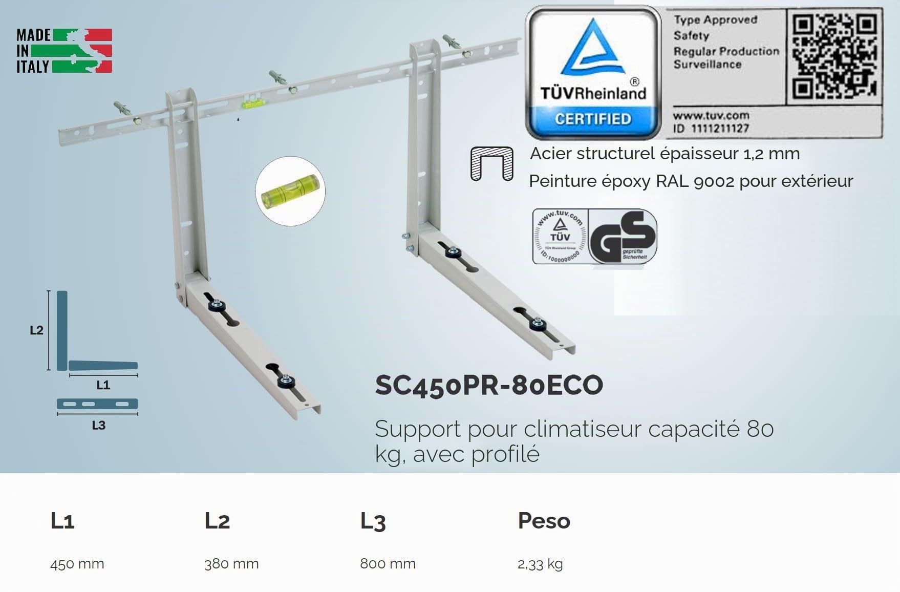 Supports de climatisation en acier, 450 x 380 x 800 mm, charge certifiée 80 kg (testé 240 kg), acier de construction 1,2 mm, peinture époxy RAL 9002, kit de montage