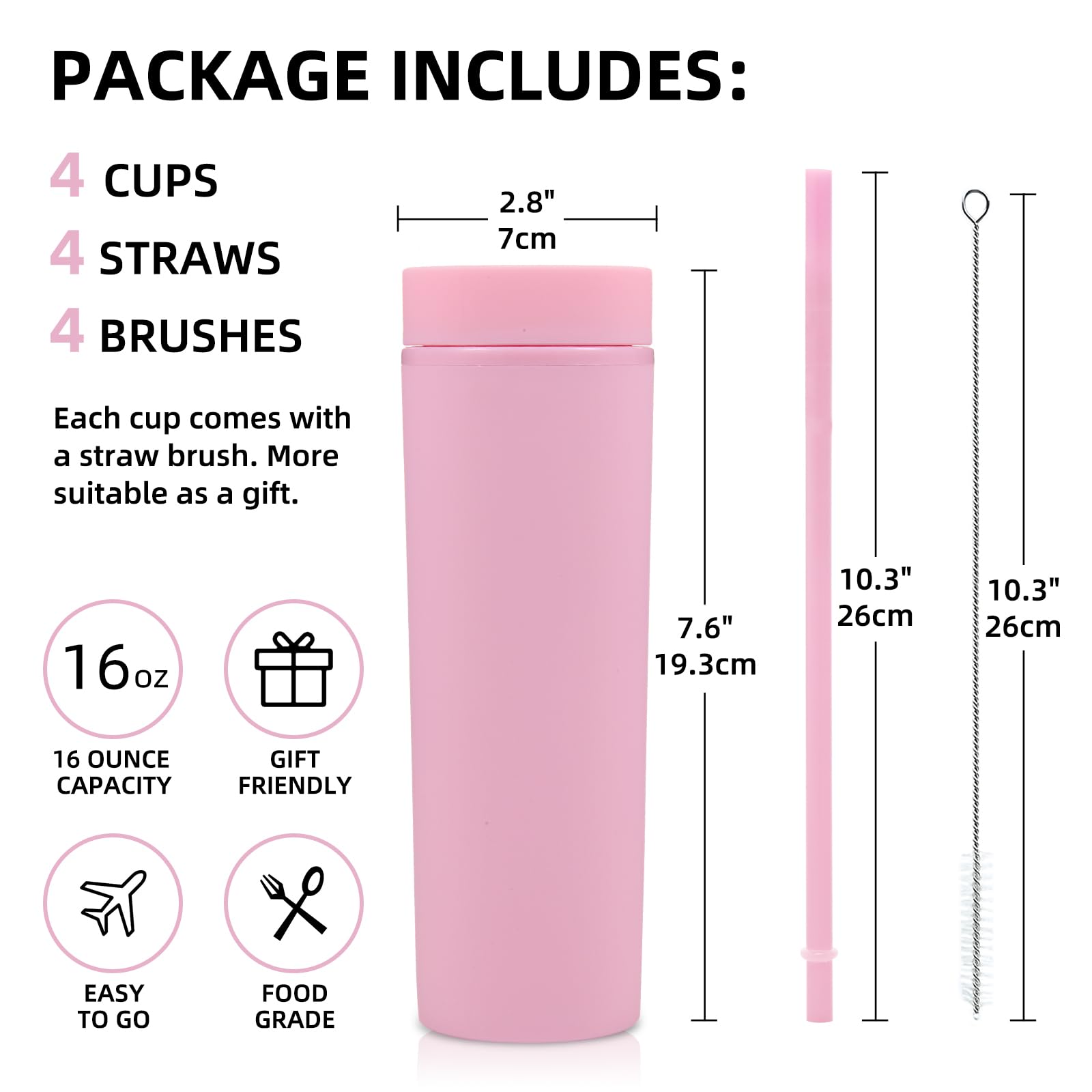 Volhoply Vaso delgado de plástico de 16 onzas con tapa y popote, paquete de 8 unidades, vasos aislados de acrílico mate de doble pared sin BPA, taza de viaje reutilizable para café helado, regalos