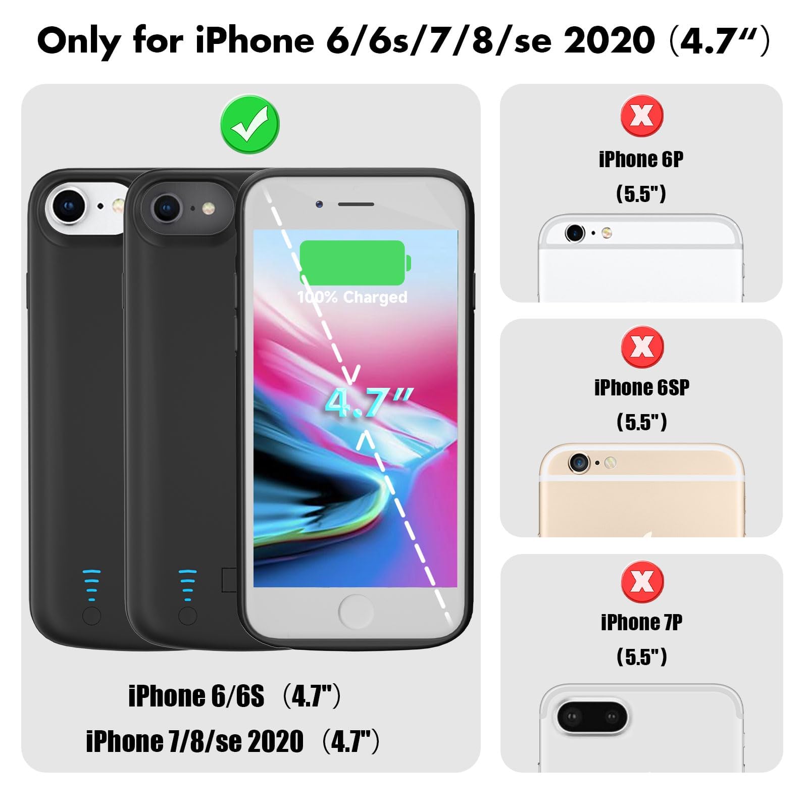 Etui na baterie do iPhone'a 8/7/6S/6/SE 2020 (11.9 cm), szybka ładowarka 8500 mAh, wąska, rozszerzona, ładowana, przenośna bateria ochronna zapasowa - czarne