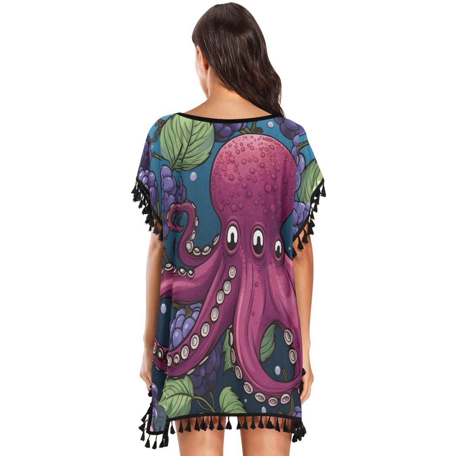 Red Octopus Grapes Women's Beach Cover Up Chiffon Tassel Swimwear Swimsuit Coverups for Girl